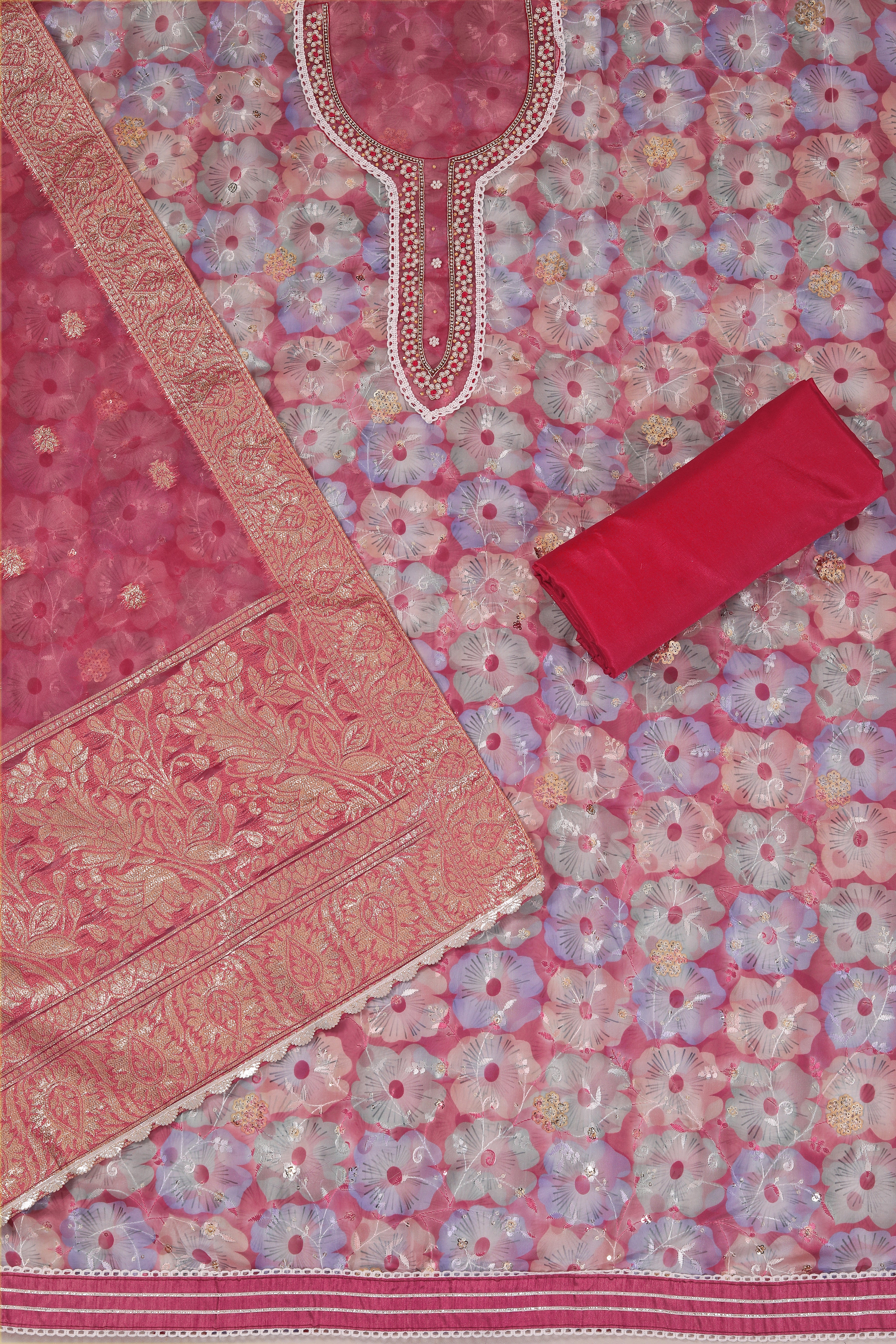 Rani Embellished Organza Dress Material With Dupatta