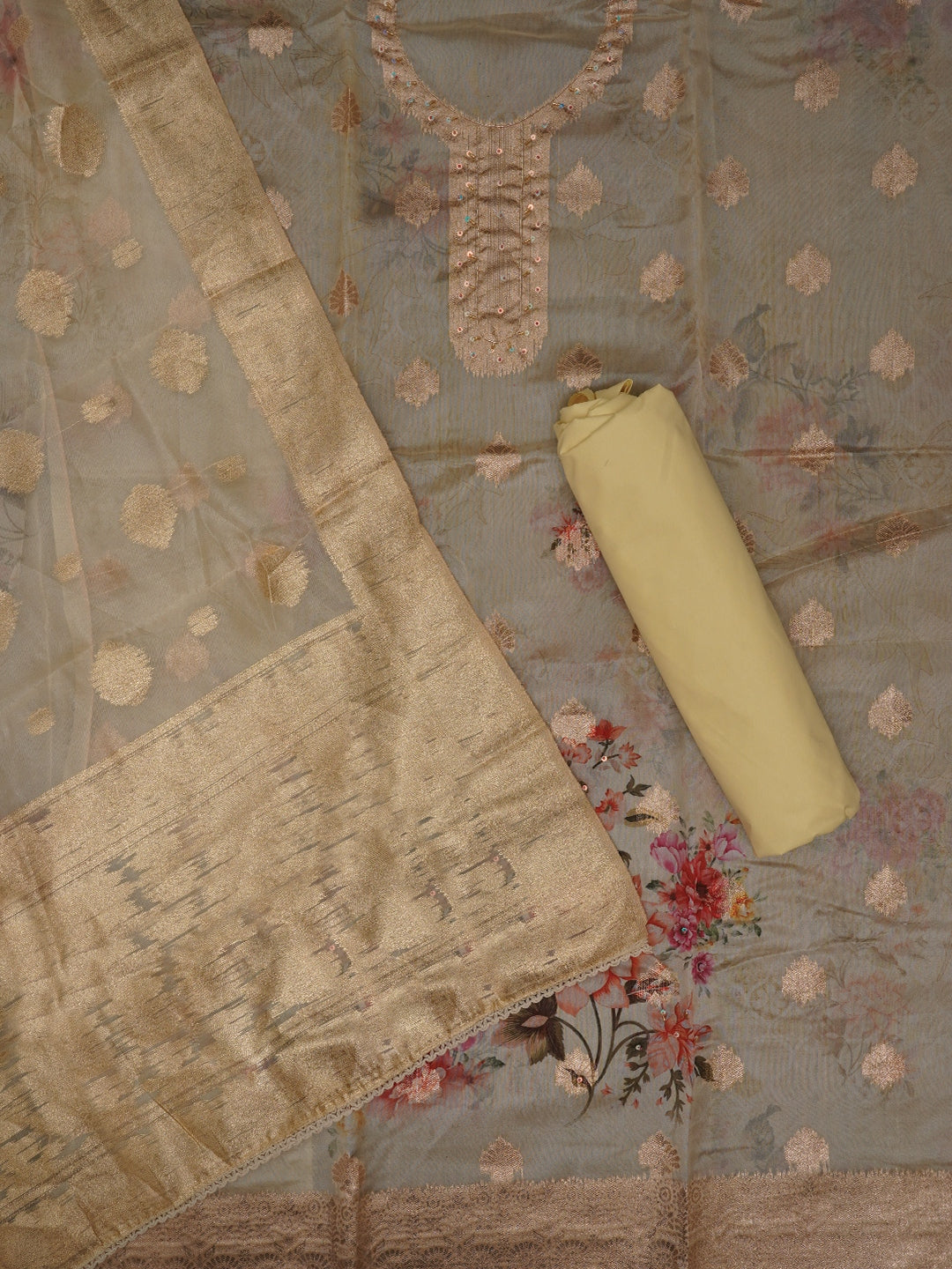 Beige Floral Printed Embellished Organza Dress Material with Dupatta