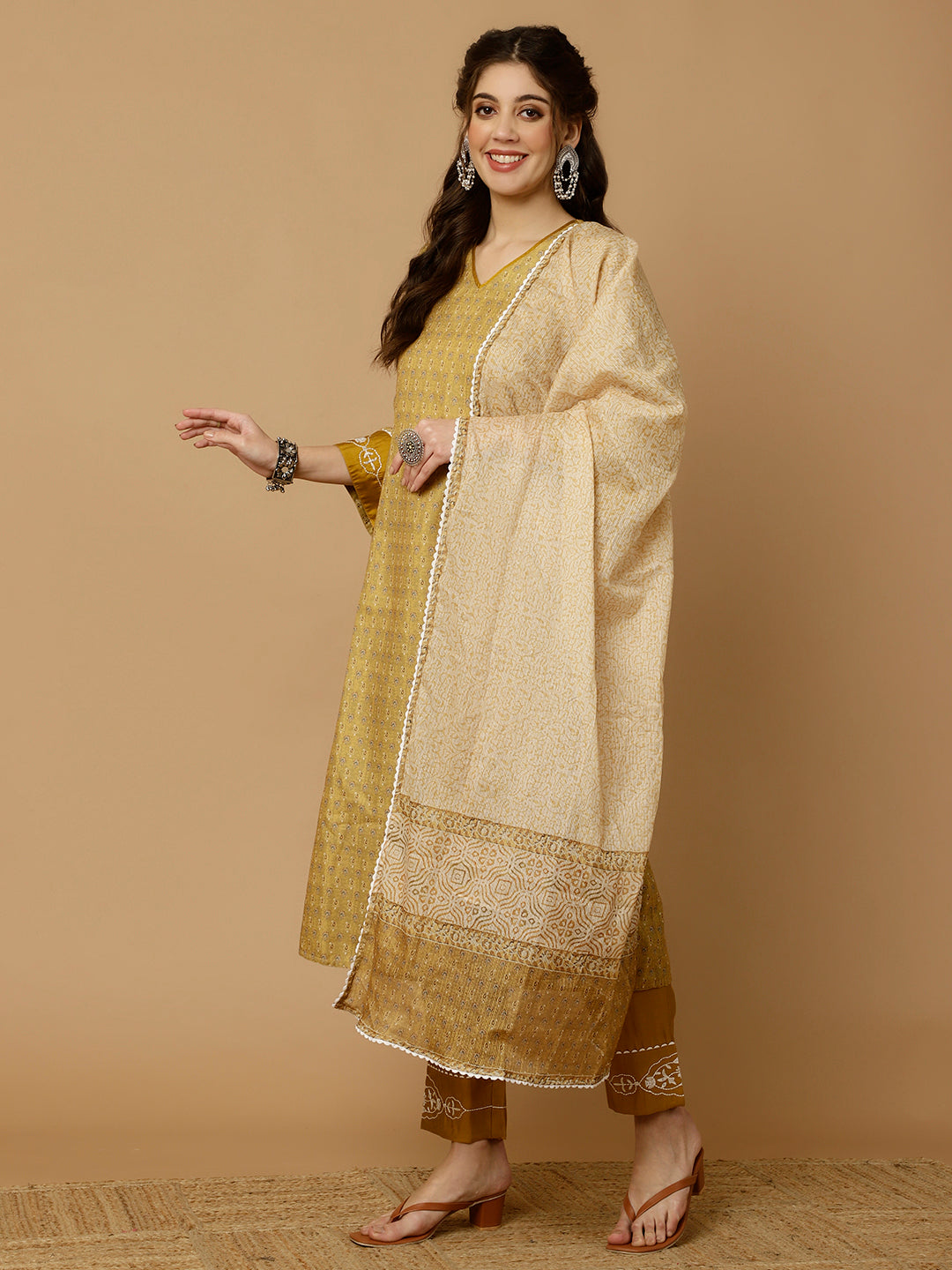 MUSTARD EMBROIDERED PAKISTANI KURTA WITH PANTS AND DUPATTA