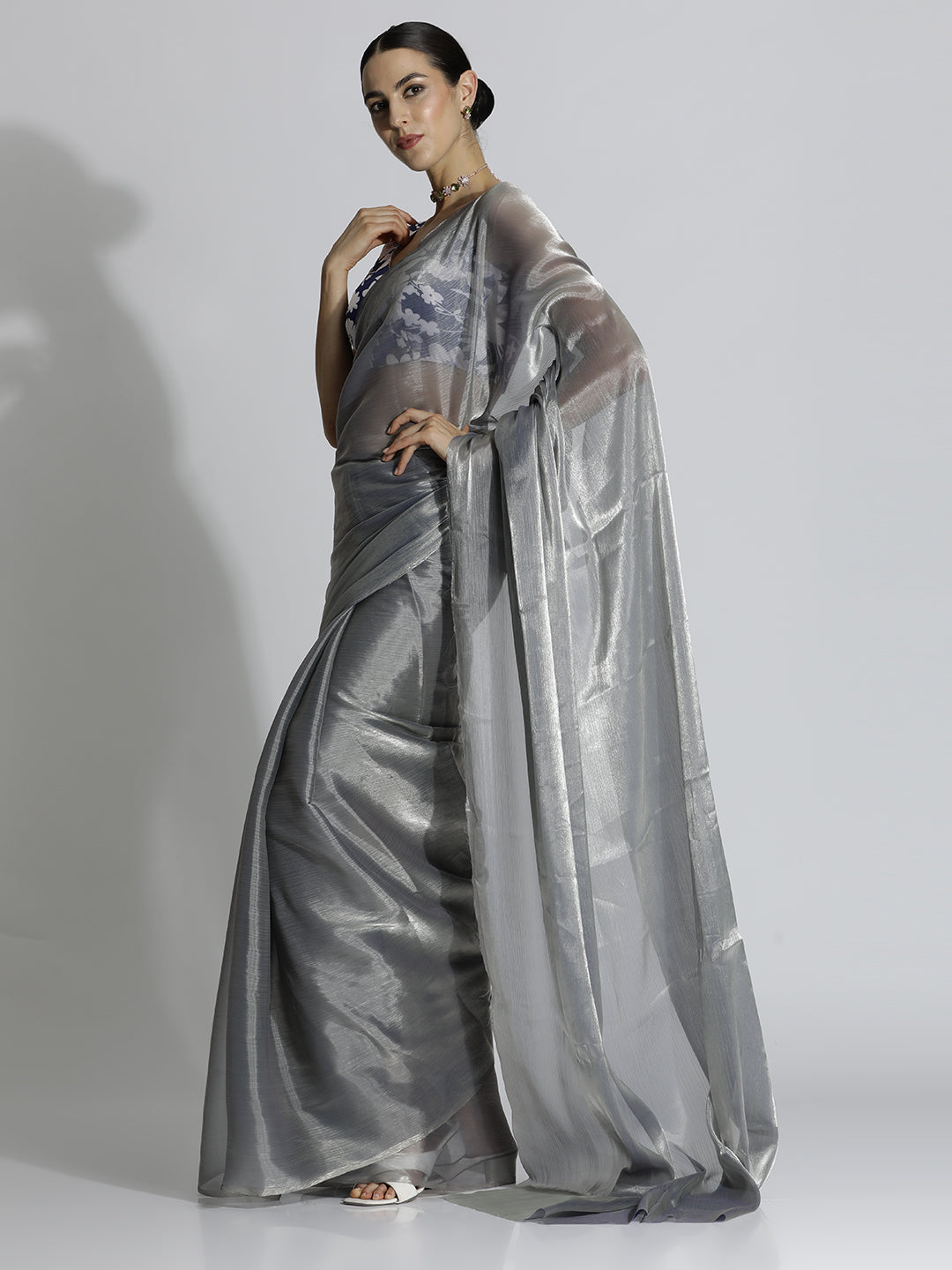 Grey Festive Tissue Solid Saree