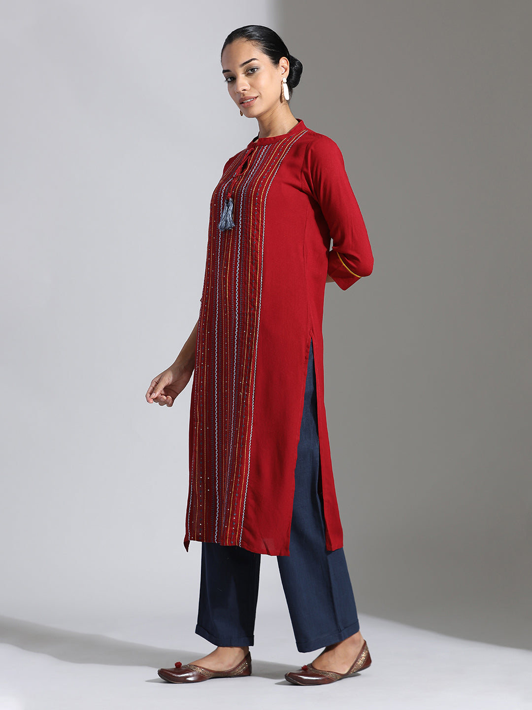Maroon Embroidered Rayon Straight Kurta