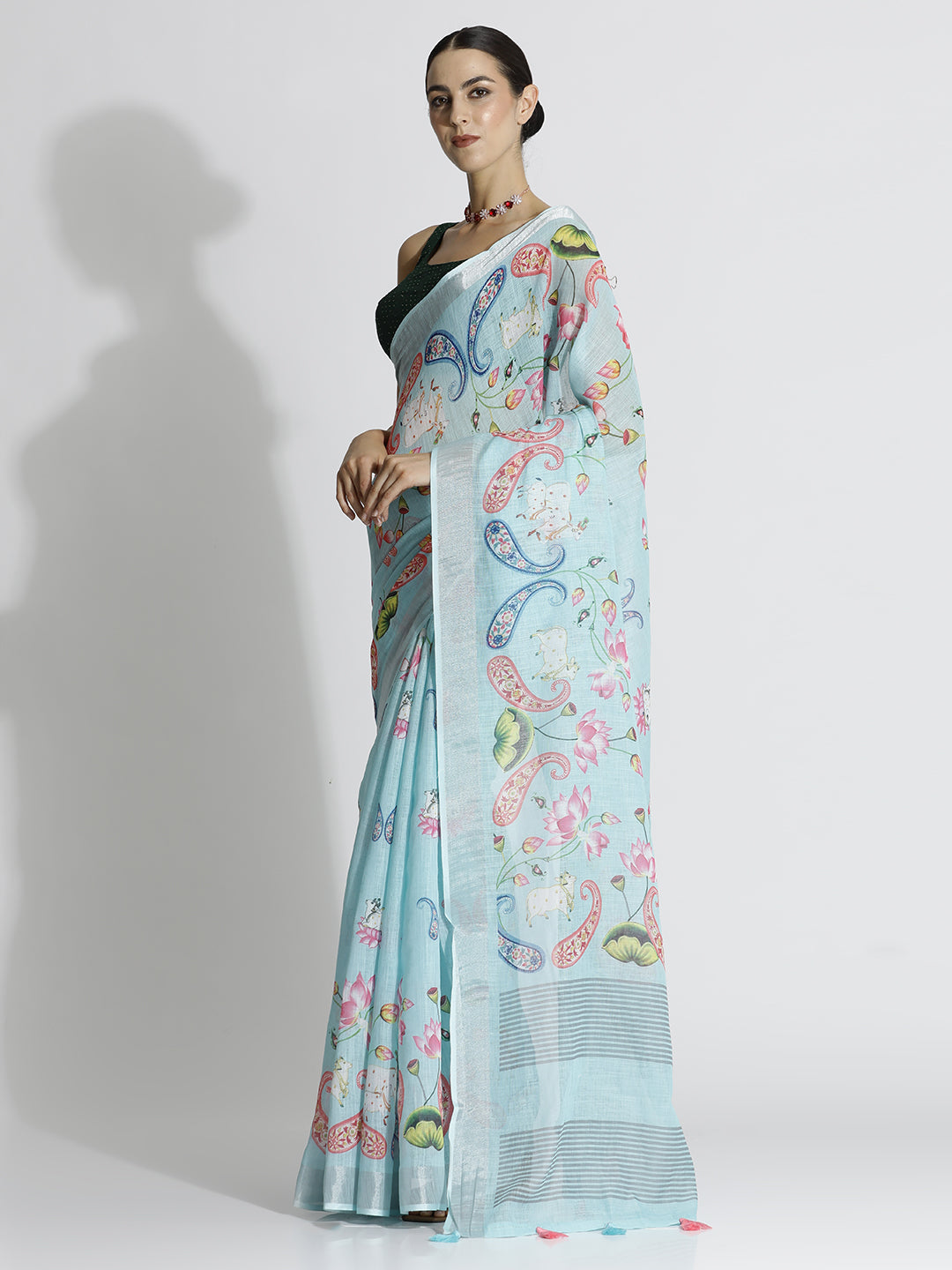 Sky Blue Pichwai Printed Daily Wear Pure Linen Saree