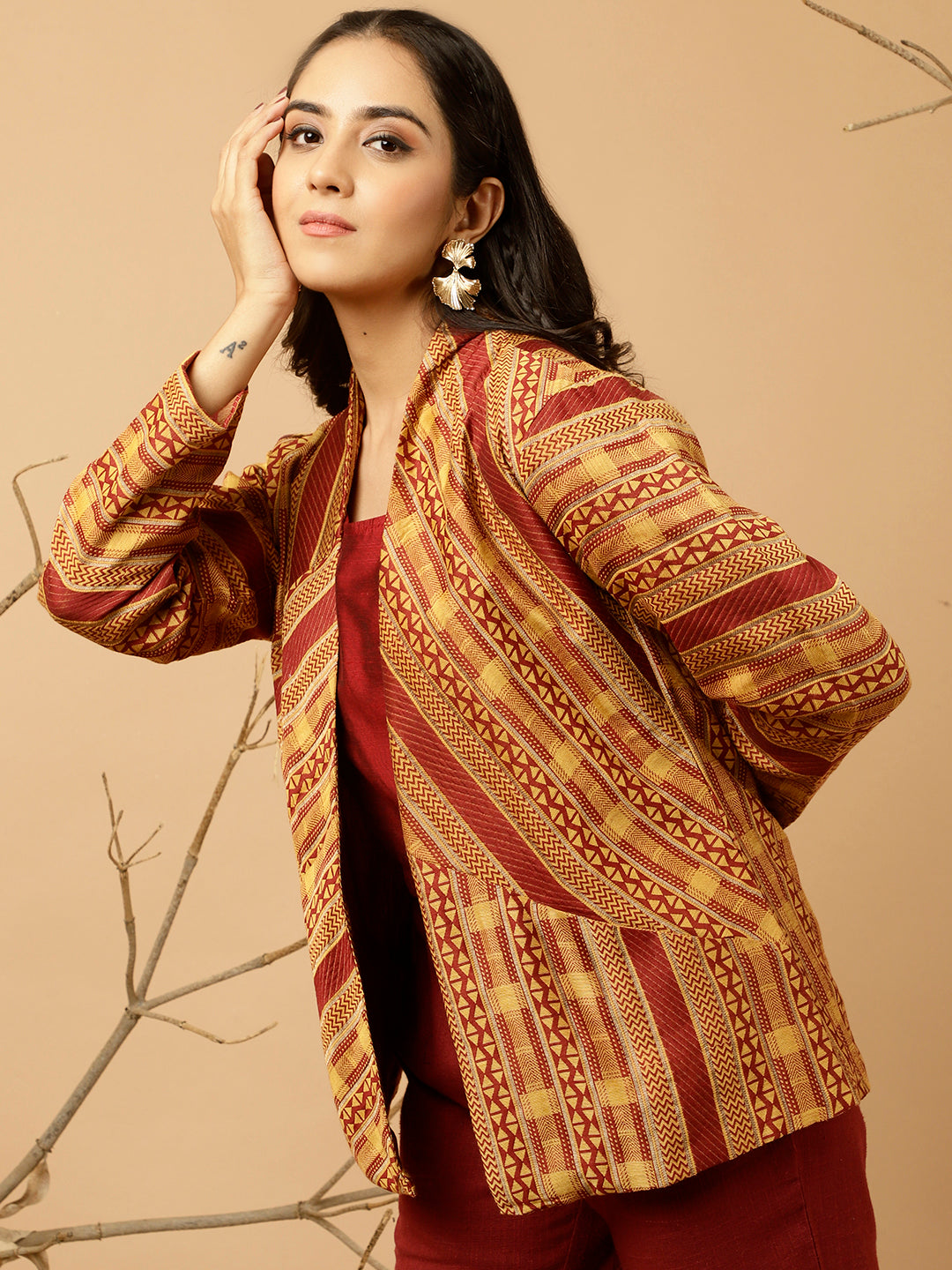 Maroon Jacquard Chanderi Jacket