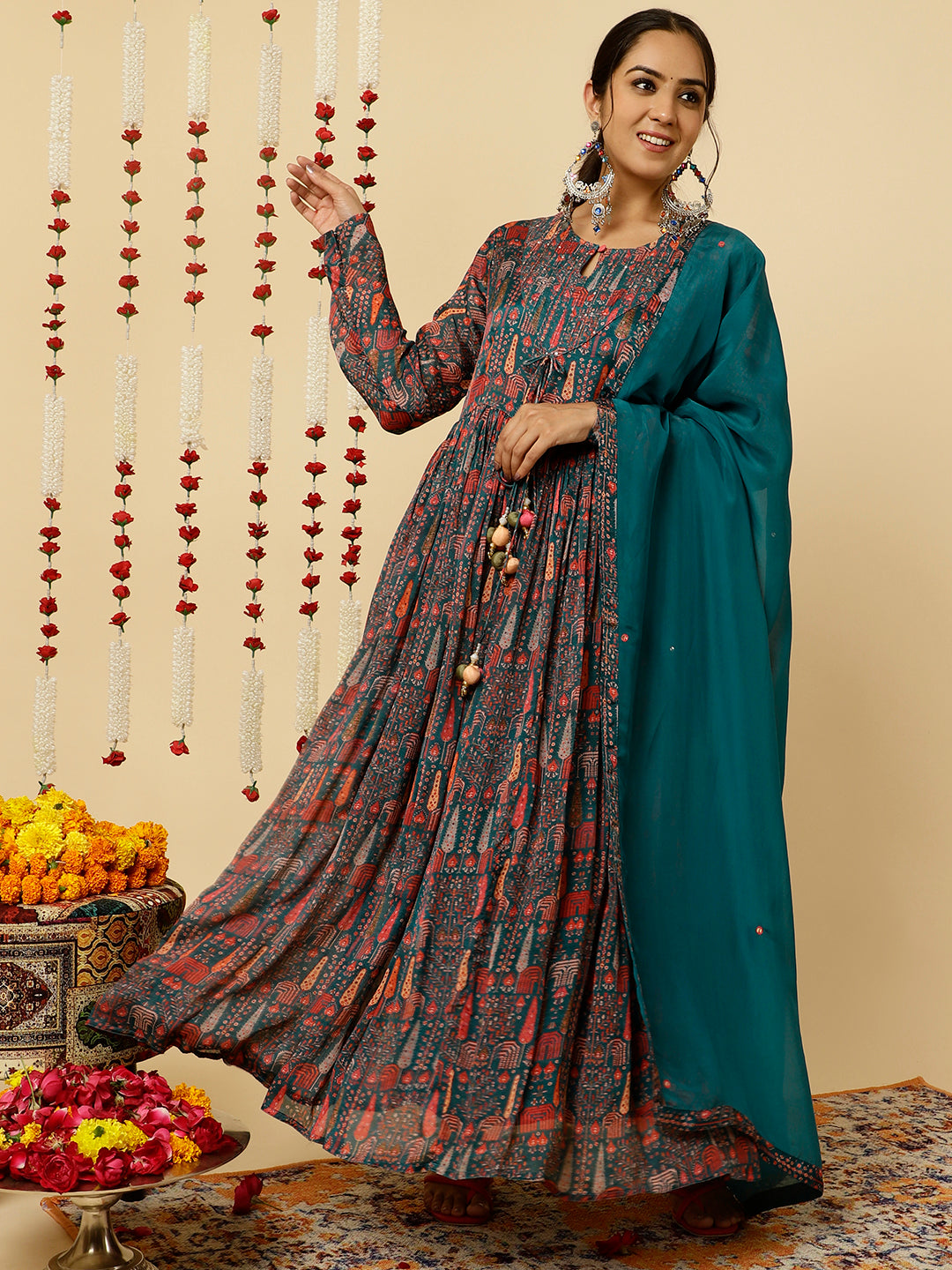 Teal Tribal Printed Flared Kurta With Dupatta
