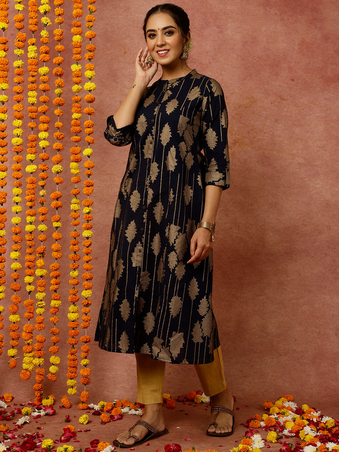 Navy Blue Abstract Print A-line Kurta