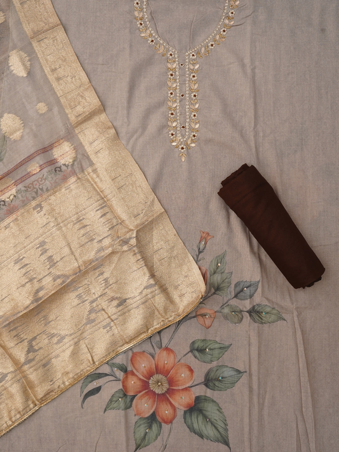 Grey Embellished Floral Printed Cotton Blend Dress Material with Dupatta