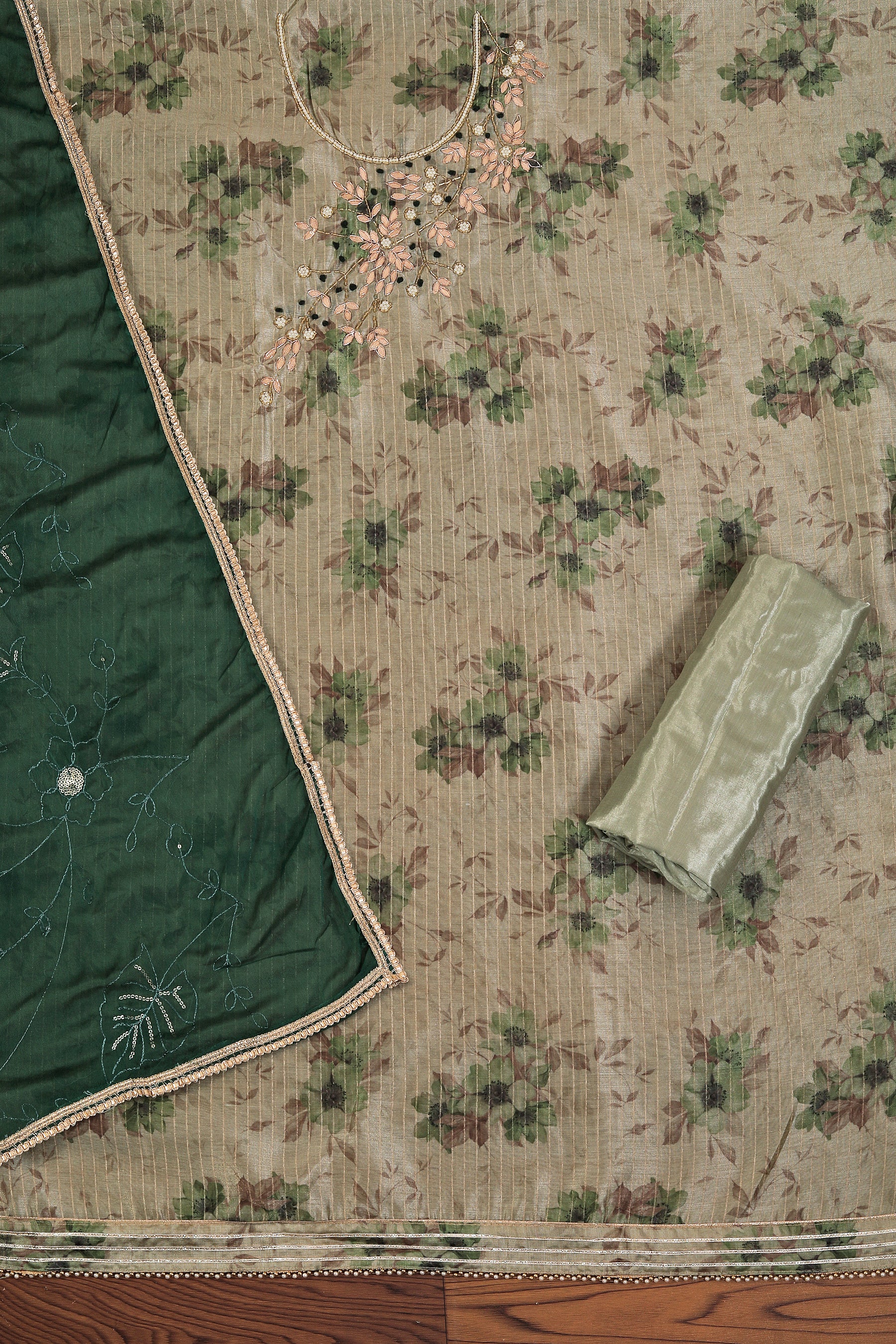 Dark Green Gota Patti Silk Blend Dress Material With Embellished Dupatta