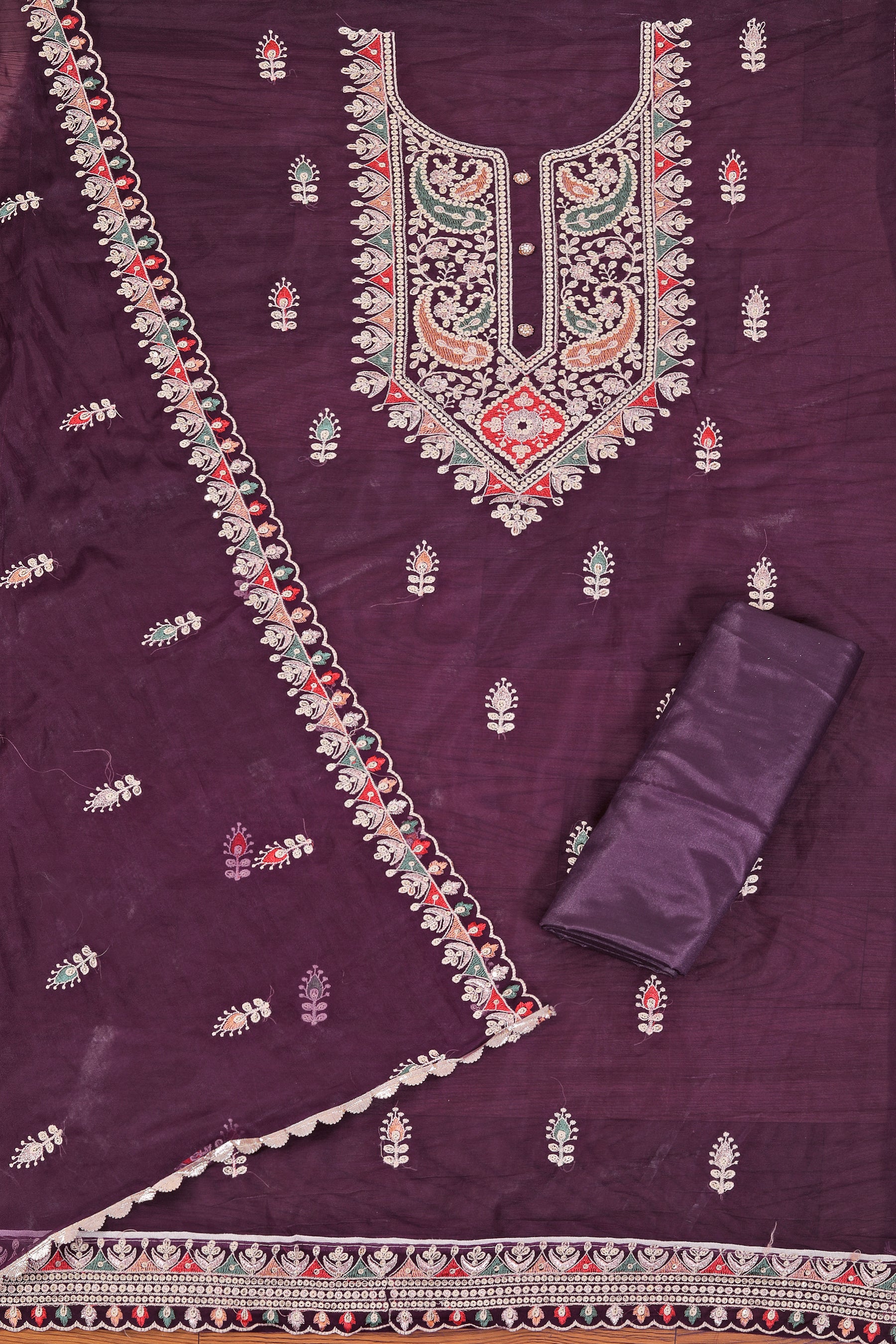 Wine Gota Patti Organza Dress Material With Embellished Dupatta