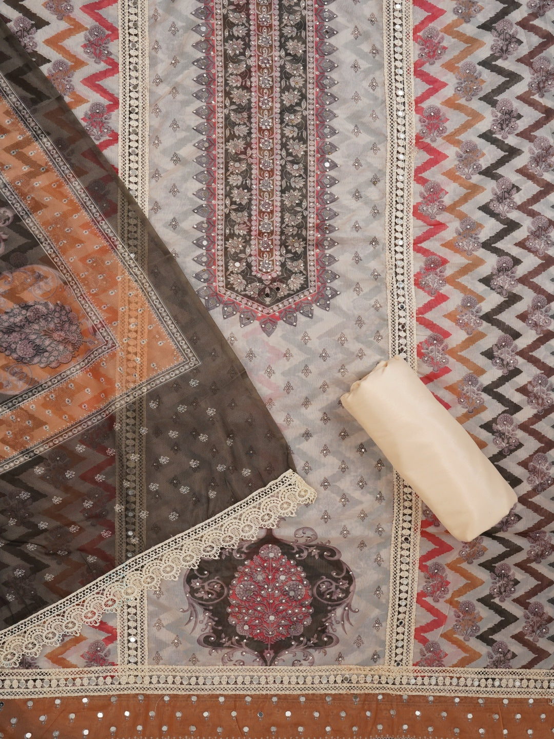 Multicolor Floral Printed Mulitcolor Organza Dress Material With Dupatta