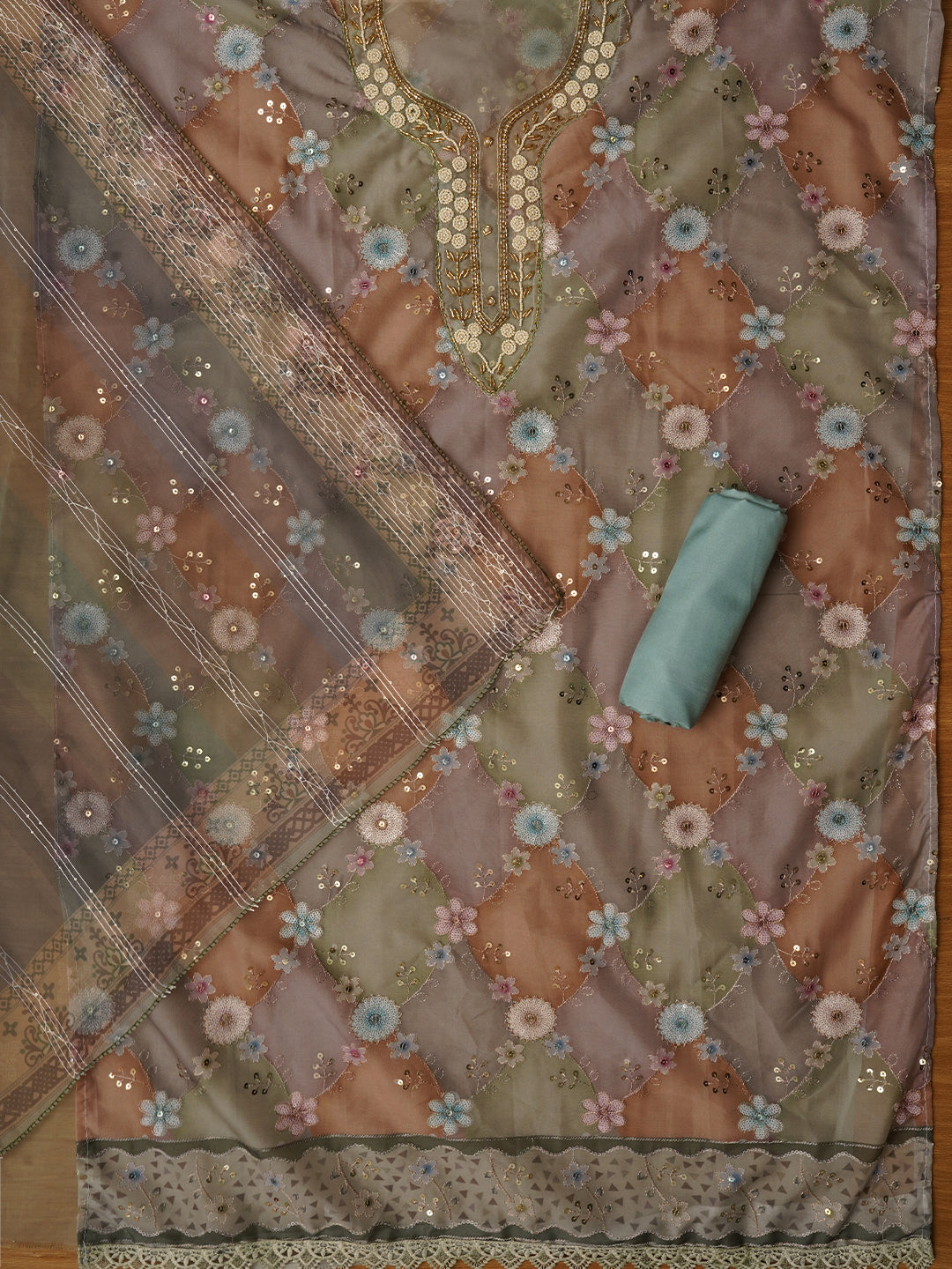 Green Sequin Embellished Organza Dress Material with Dupatta