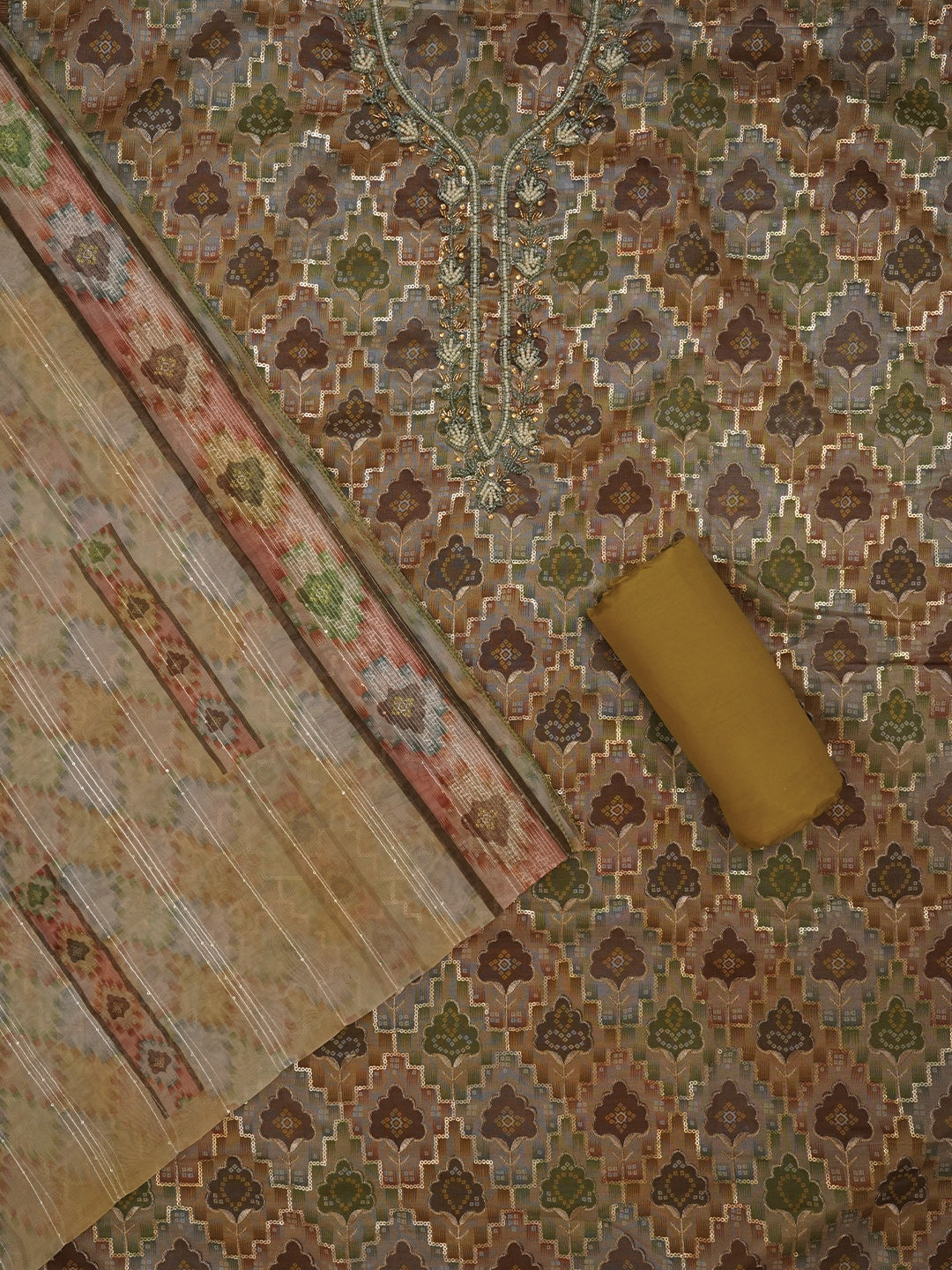 Green Ethnic Sequin Embroidered Organza Dress Material with Dupatta