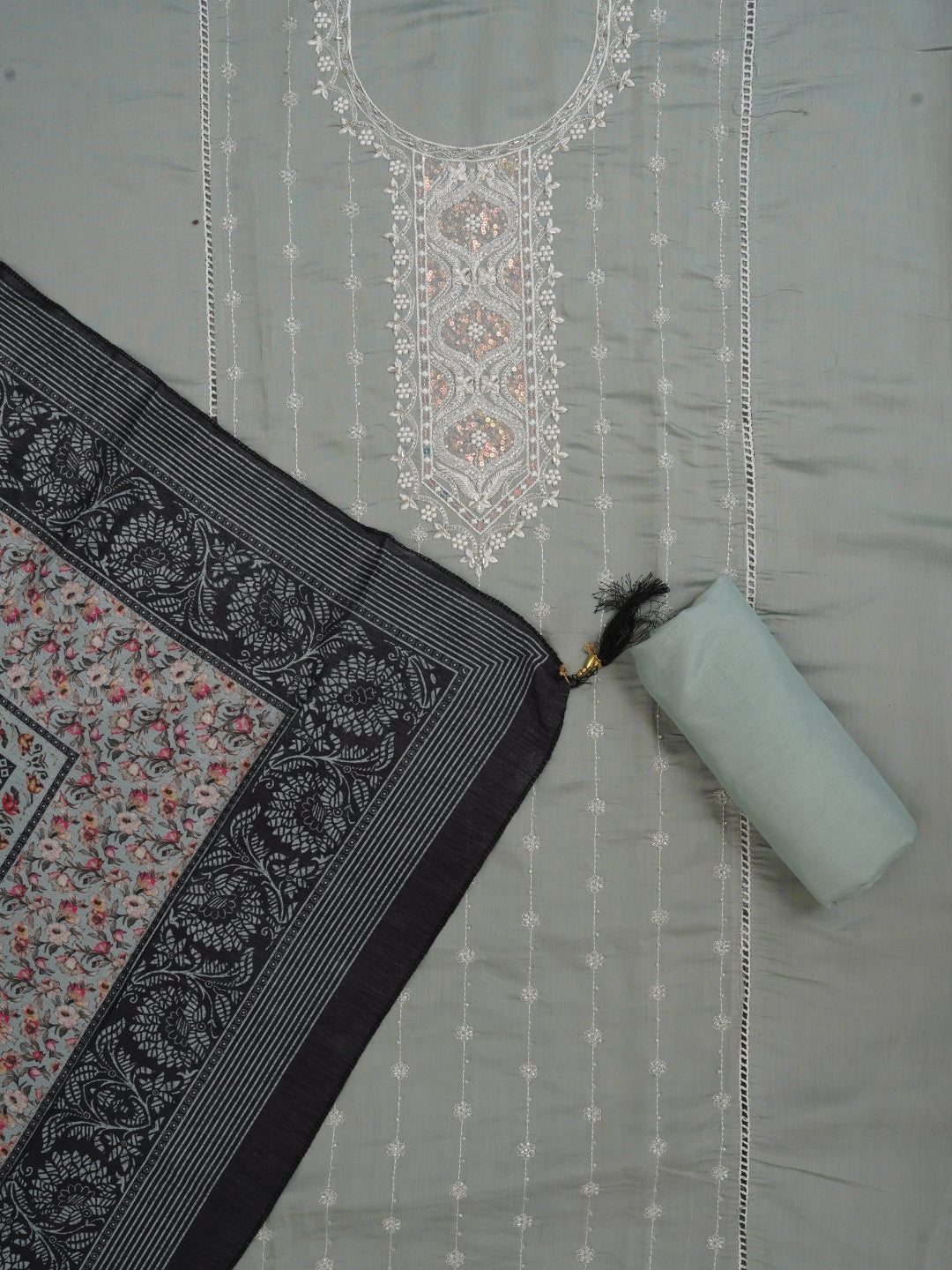 Sea Green Embellished Pure Silk Dress Material with Dupatta