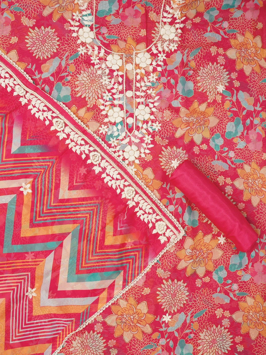 Pink Lucknowi Embroidered Organza Dress Material with Dupatta