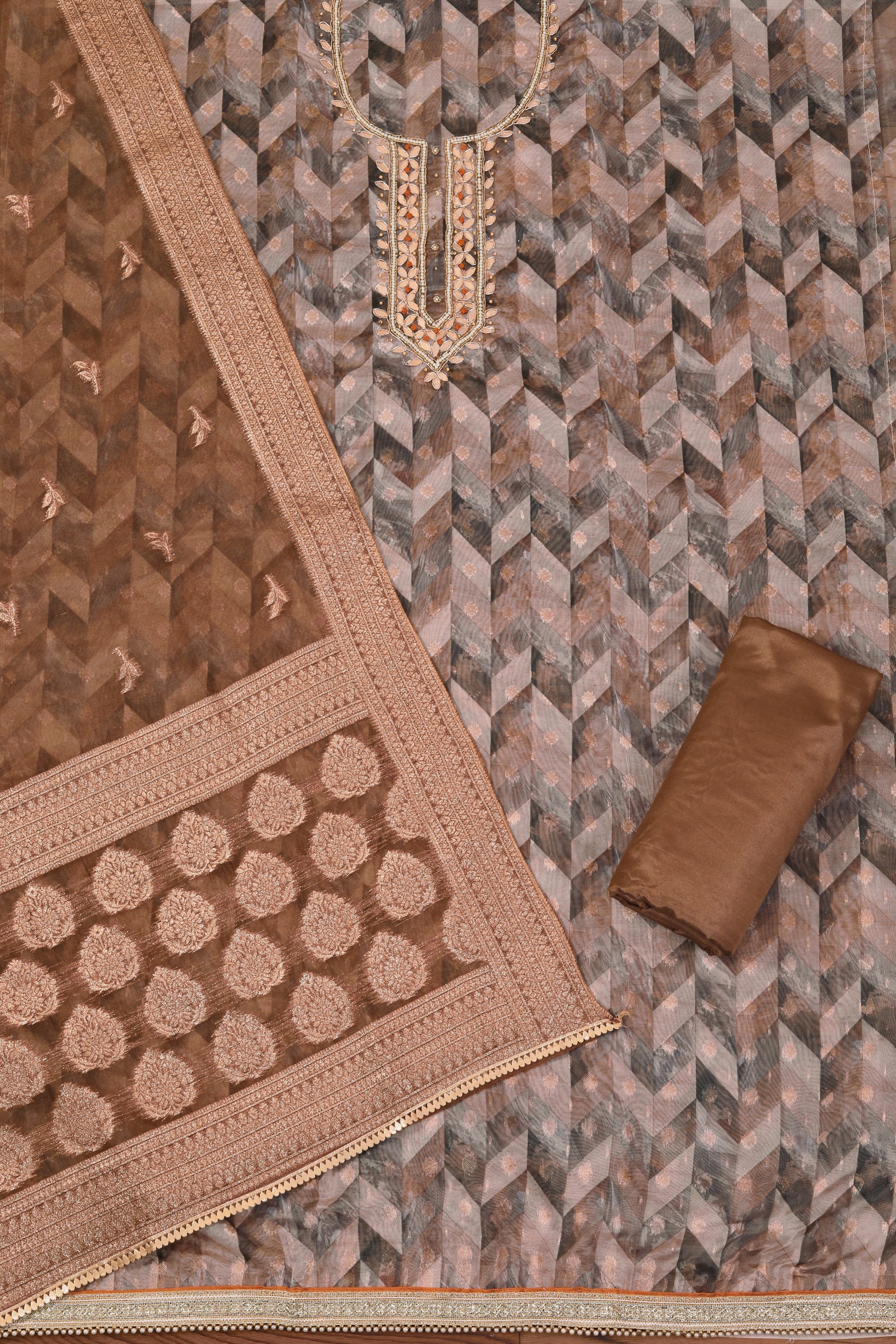 Brown Woven Design Organza Gota Patti Dress Material With Dupatta