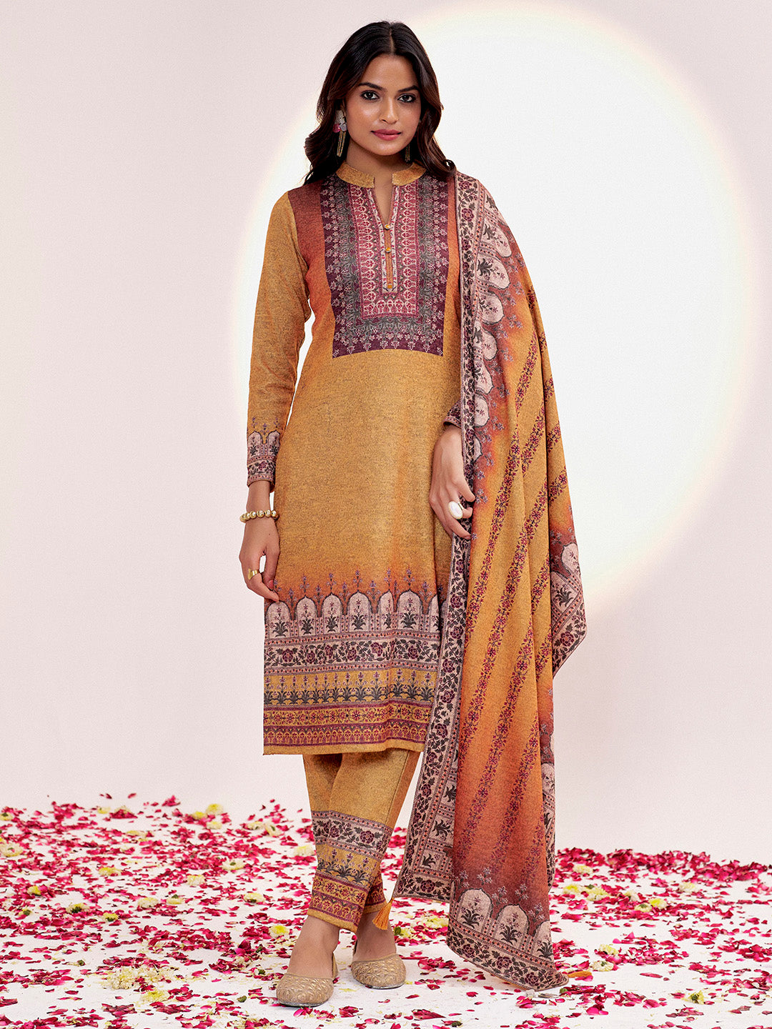 Embellished Ethnic Printed Festive Mustard Kurta Set With Dupatta