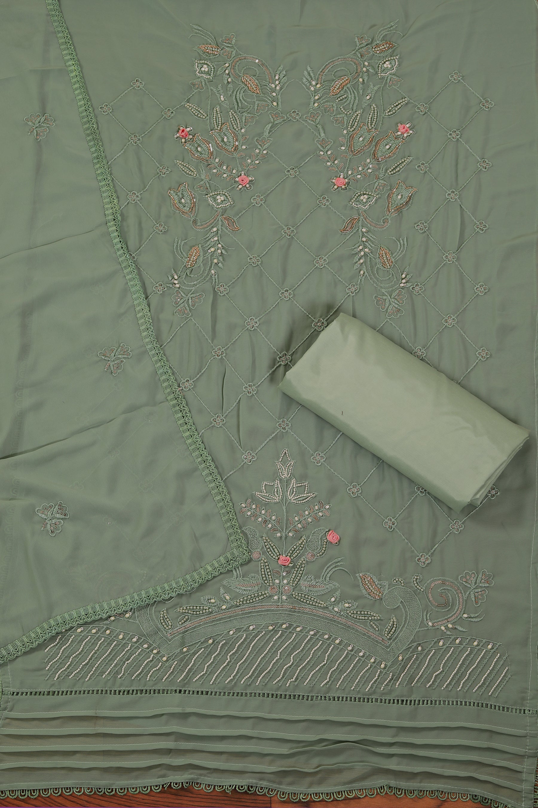 Sea Green Embroidered Poly Georgette Dress Material with Dupatta