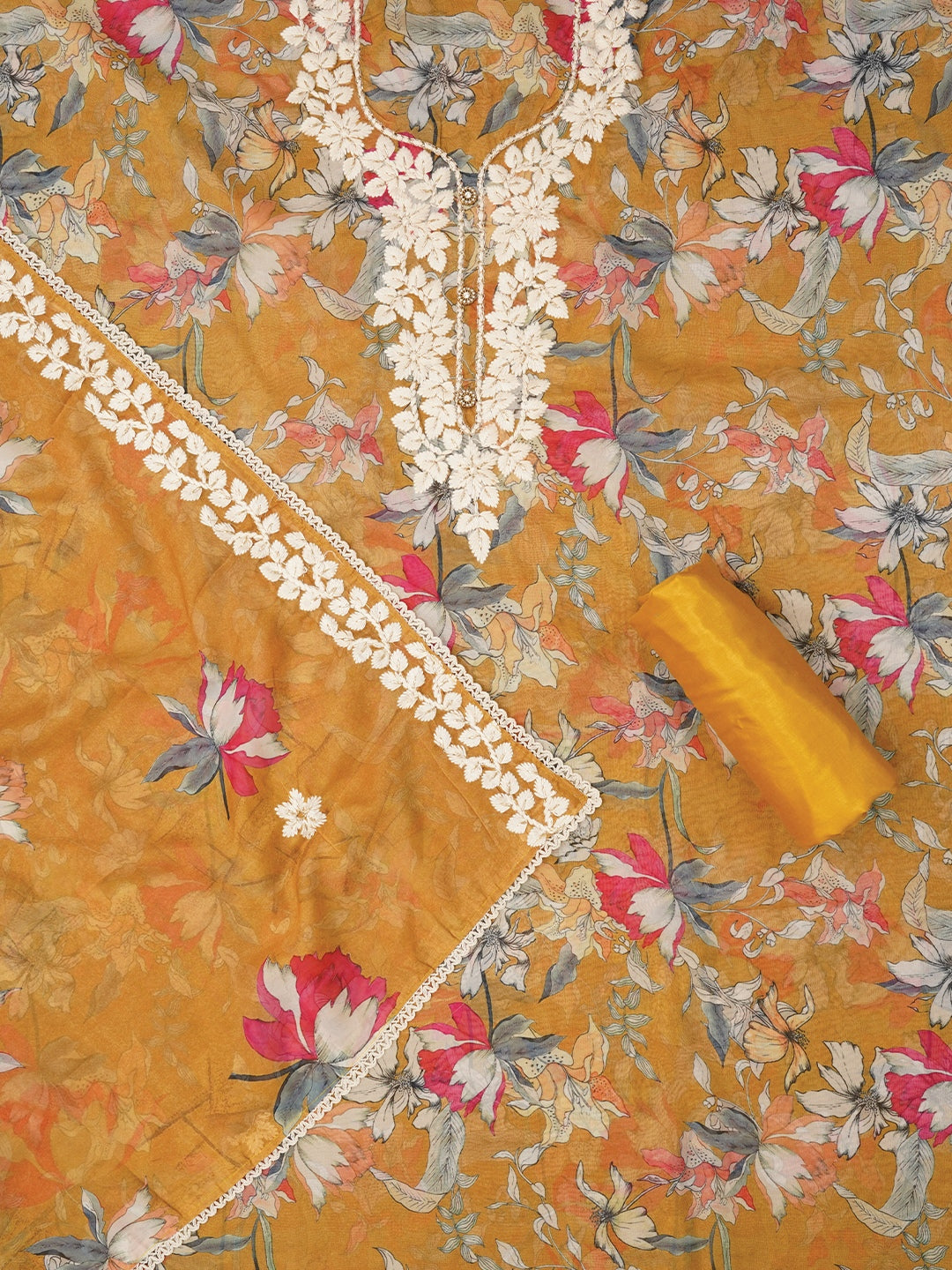 Mustard Lucknowi Embroidered Organza Dress Material with Dupatta