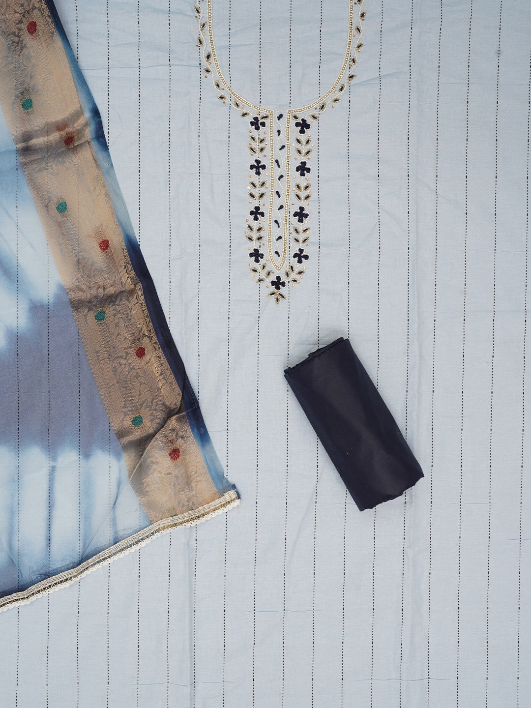 Teal Blue Cotton Woven Design Embellished Dress Material with Dupatta