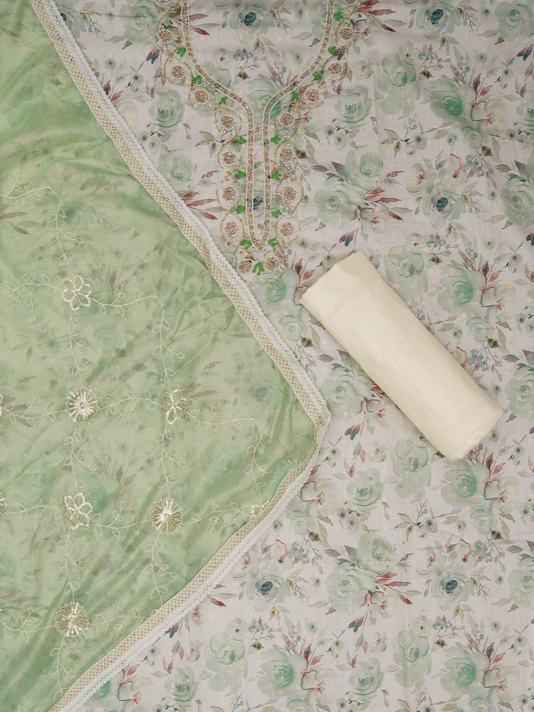 Multicolor Cotton Blend Embellished Dress Material with Dupatta