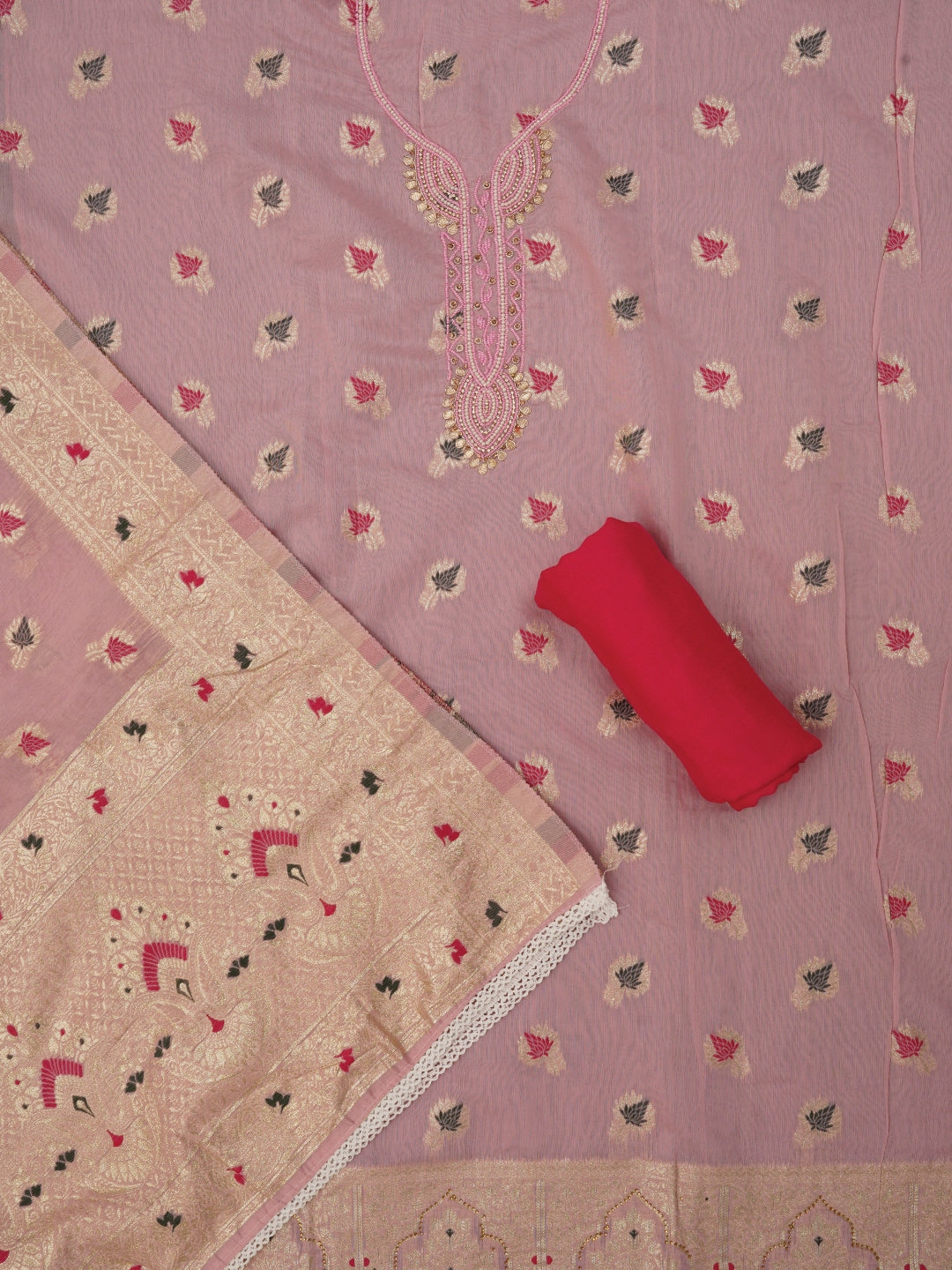 Zari Pink Woven Cotton Blend Dress Material with Dupatta