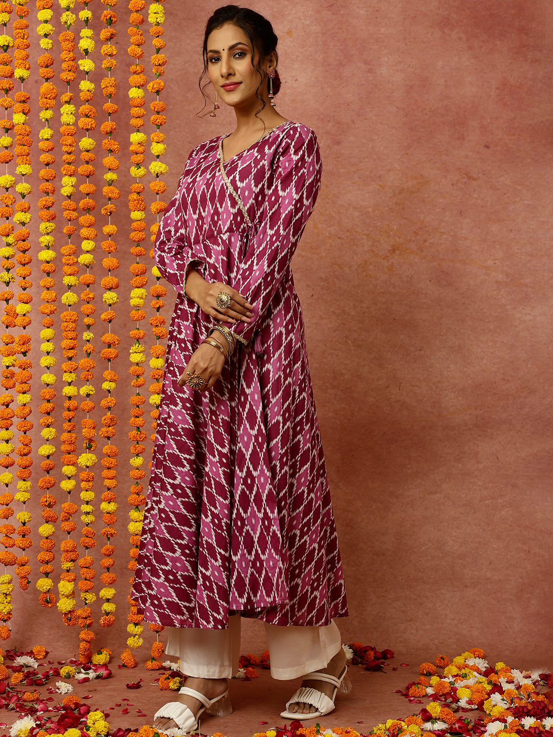 Purple Ikat Printed Angrakha Kurta