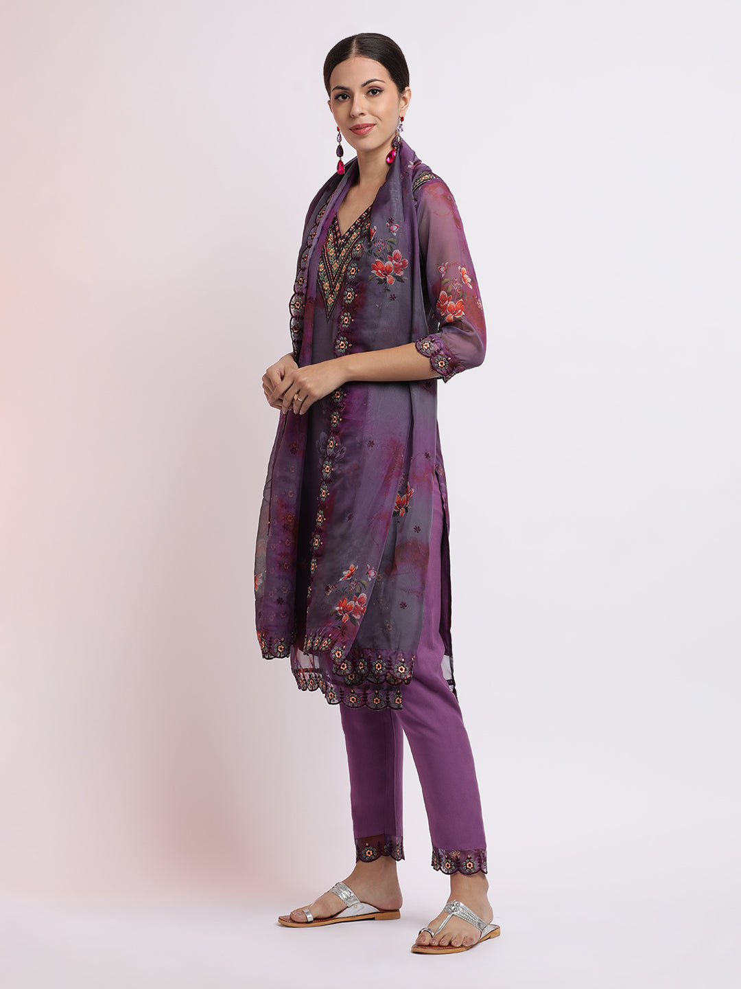 Floral Embroidered Organza Kurta Set With Dupatta