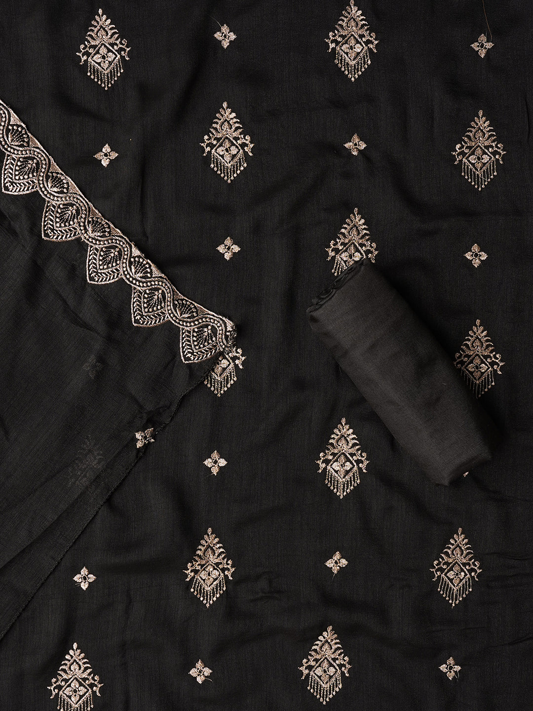 Black Unstitched Embroidered Silk Blend Dress Material With Dupatta