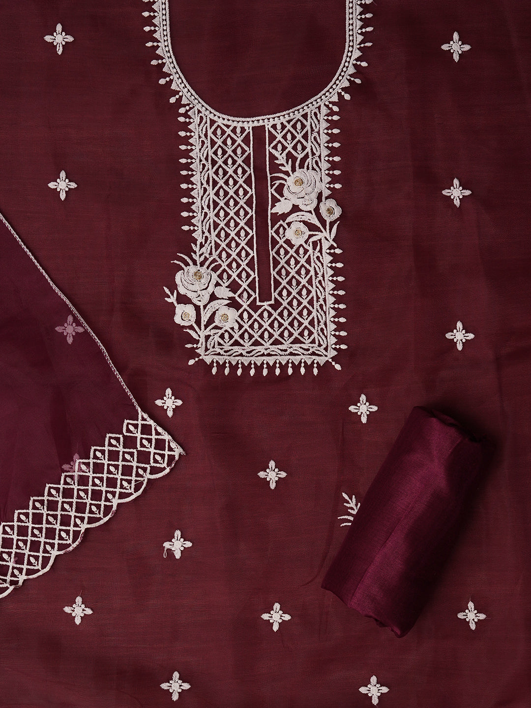 Unstitched Purple Embroidered Organza Dress Material With Dupatta