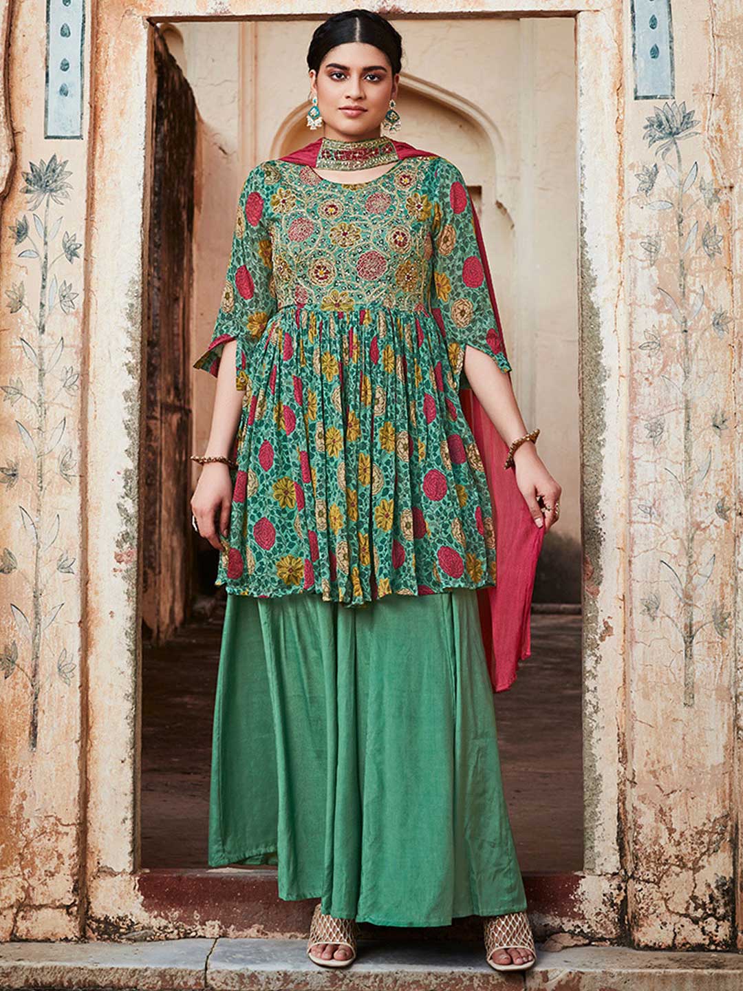 Blue Floral Printed Short Kurta With Sharara And Pleated Dupatta