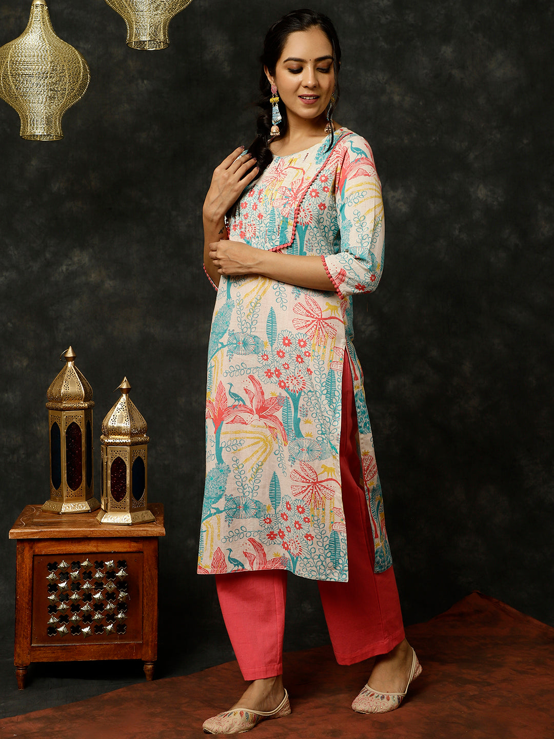 Coral Kantha Work Printed Straight Kurta With Palazzo