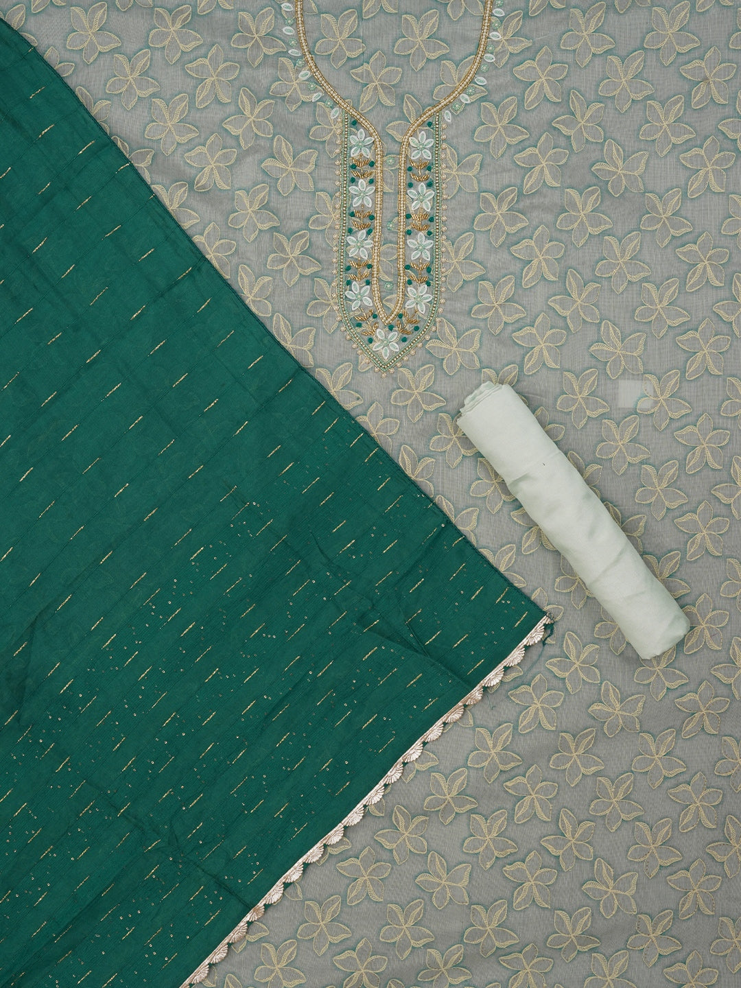 Light Green Floral Printed Embellished Cotton Dress Material with Dupatta