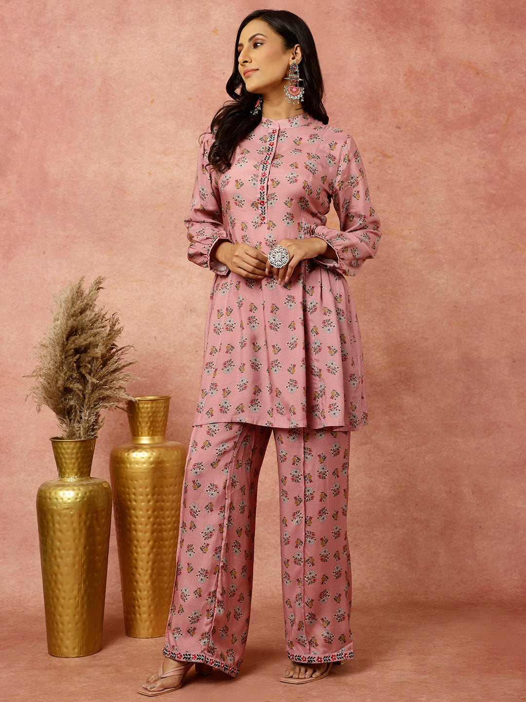 Rose Ethnic Printed Gathered Kurta With Palazzo Co-ord Set