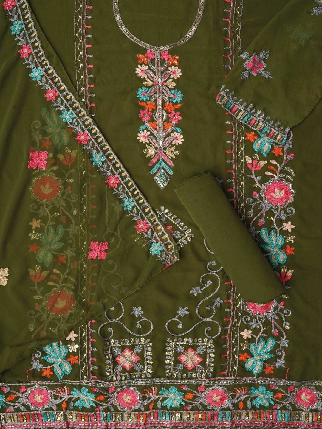 Mehandi Sequin Embroidered Silk Georgette Dress Material with Dupatta