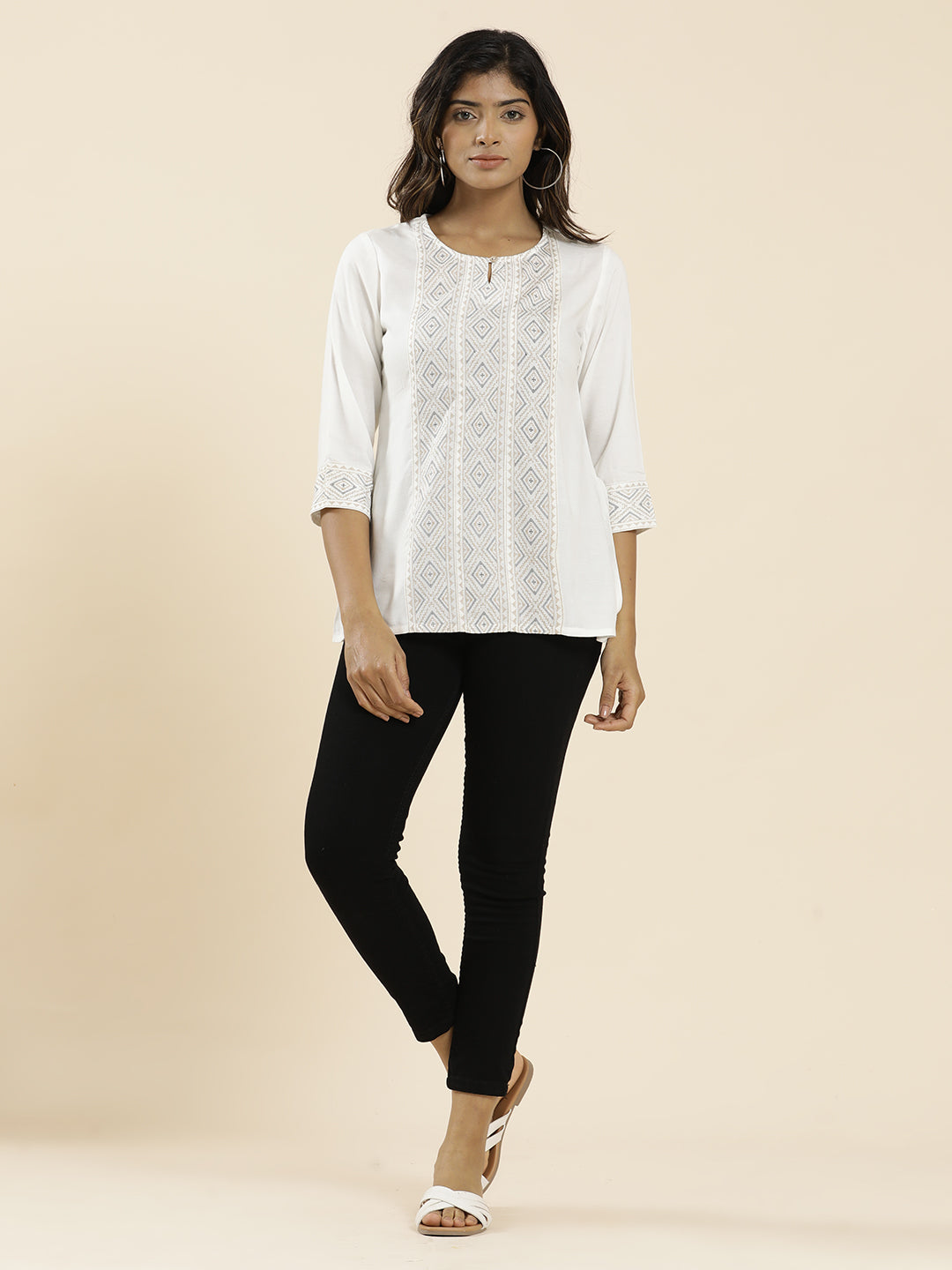 White Geometric Printed Straight Top