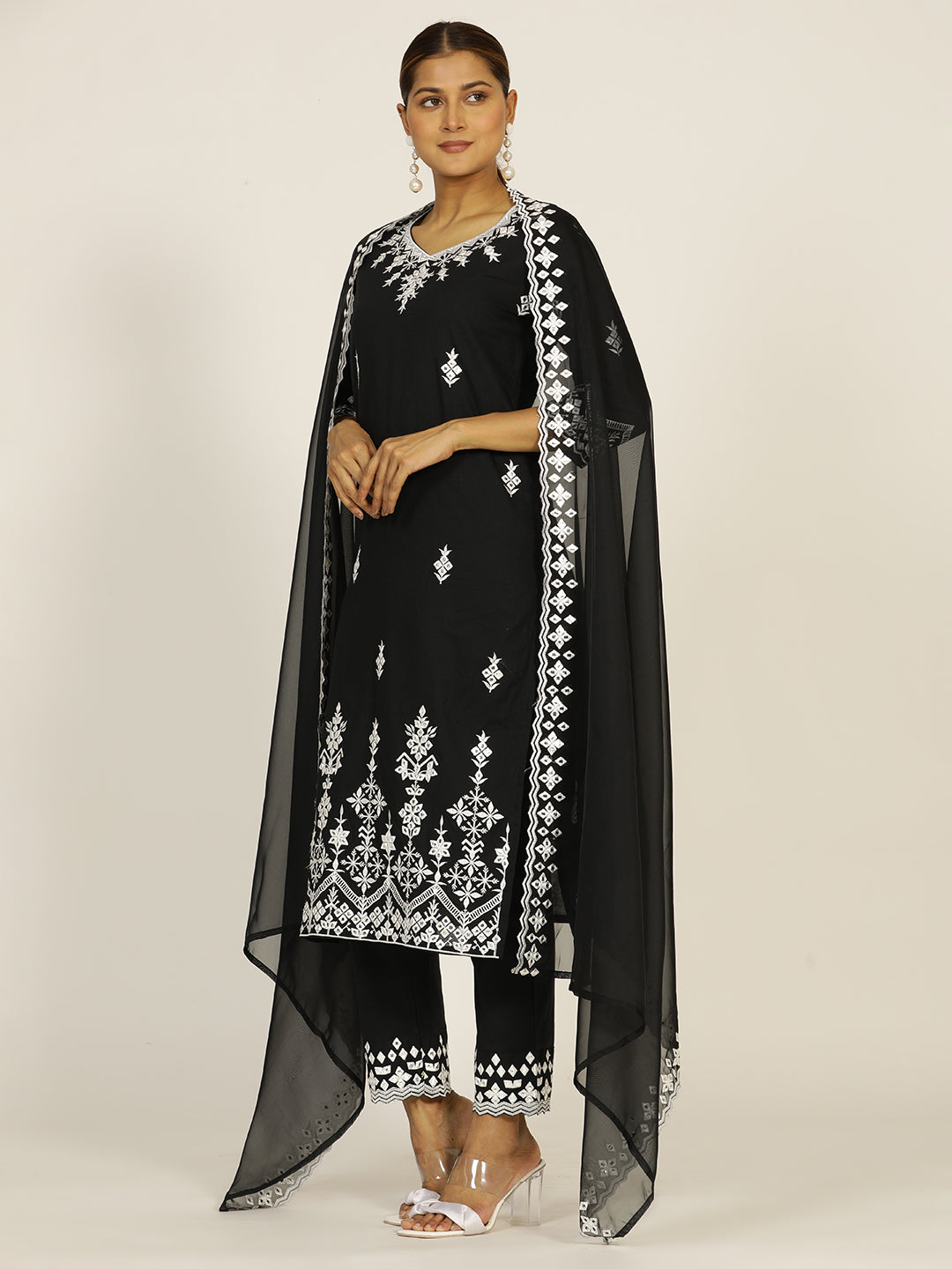 Resham Embroidered Black Cotton Suit Set