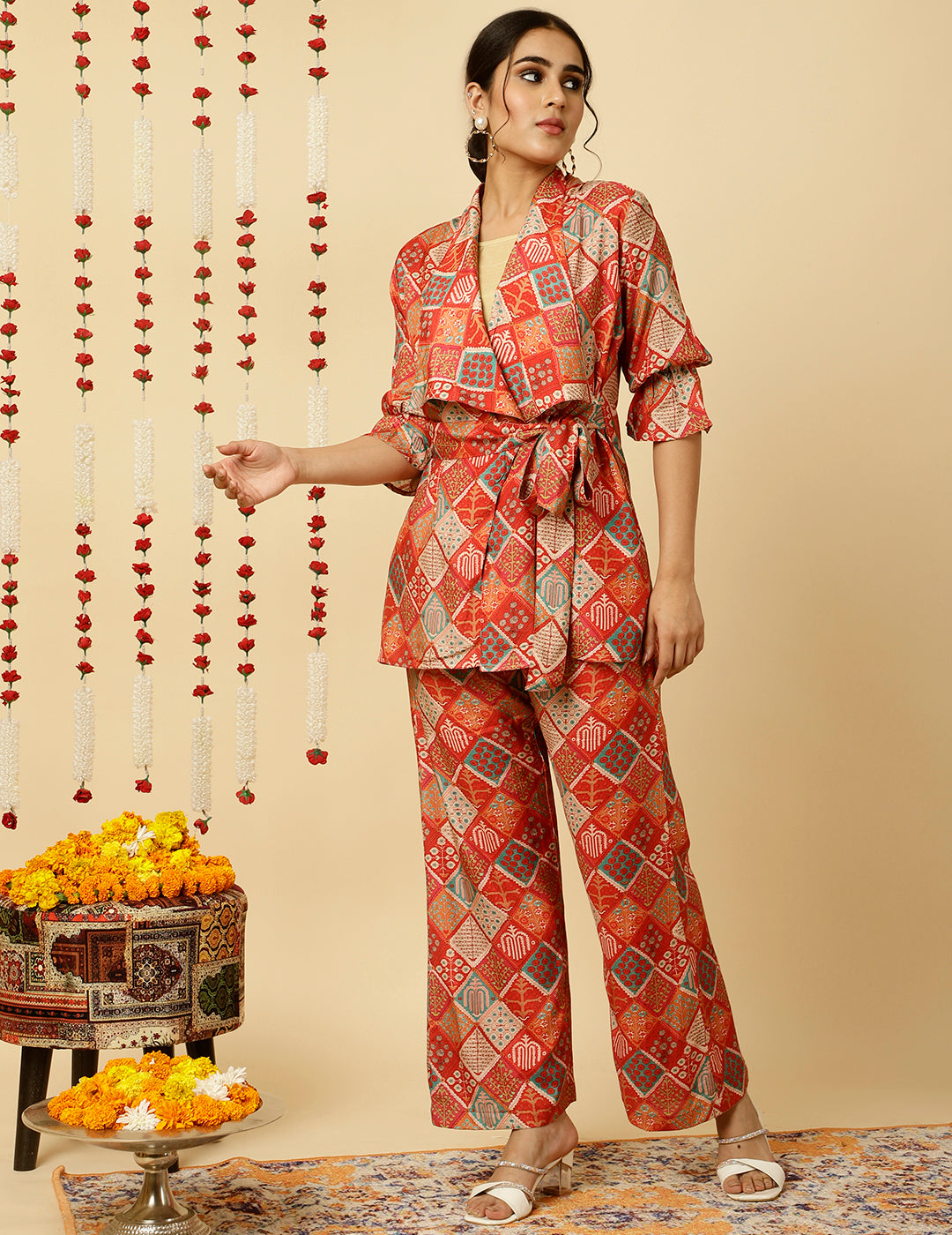 Red Multicolor Print Wrap Top With Palazzo Co-Ord Set