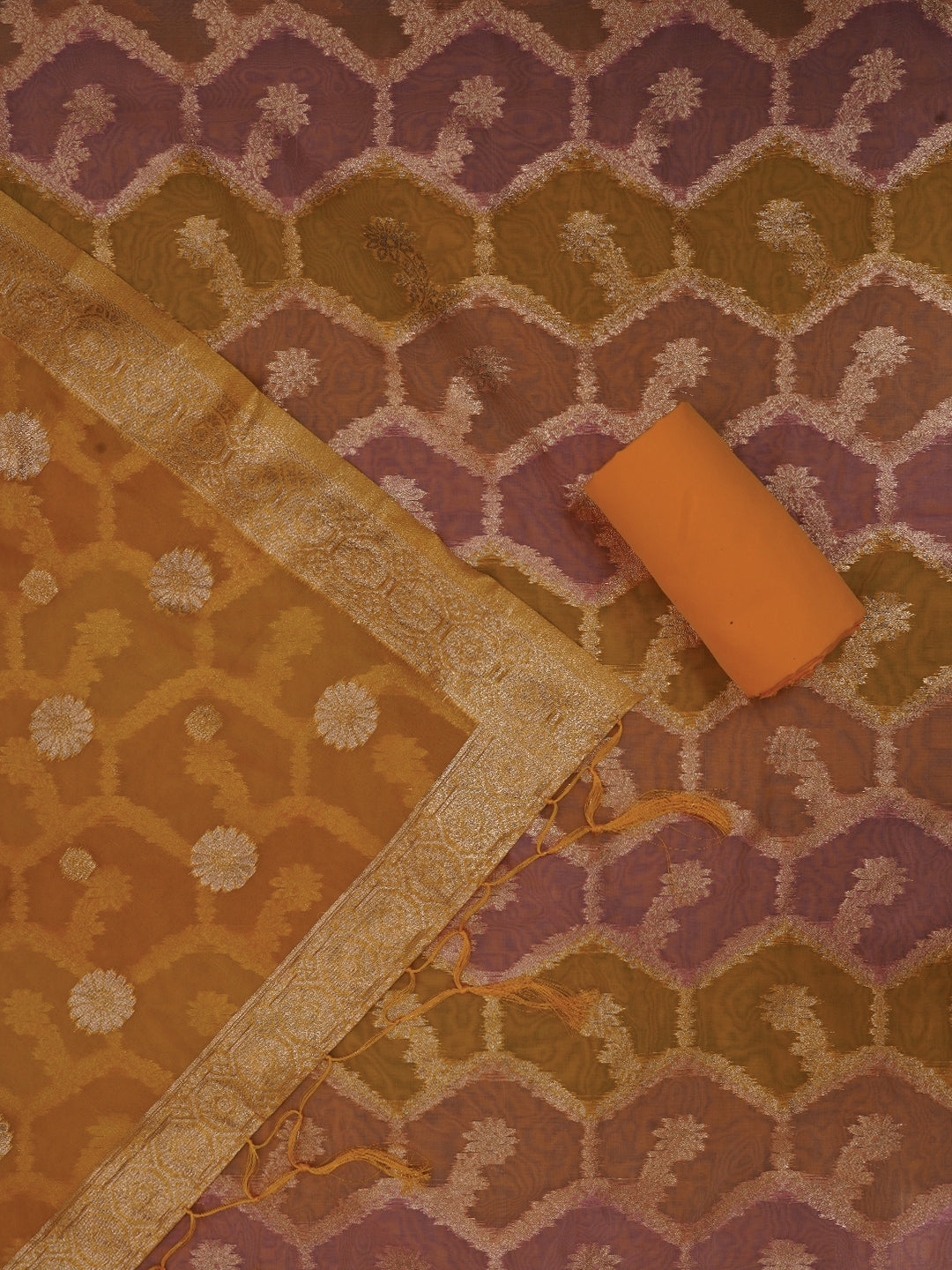 Multicolor Unstitched Zari Woven Organza Dress Material With Dupatta