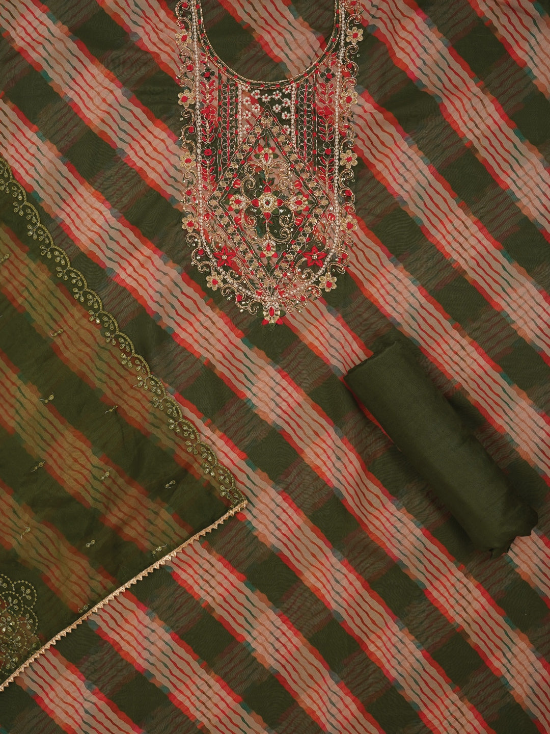 Mehandi Green Leheriya Embroidered Dress Material with Dupatta