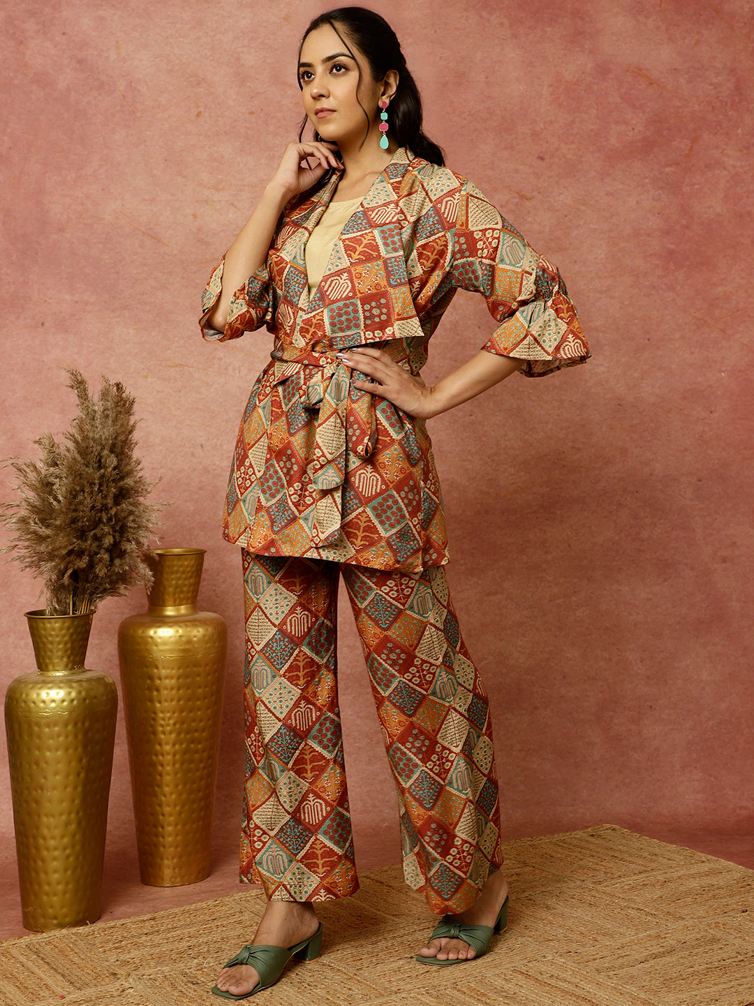 Rust Multicolor Print Wrap Top With Palazzo Co-Ord Set