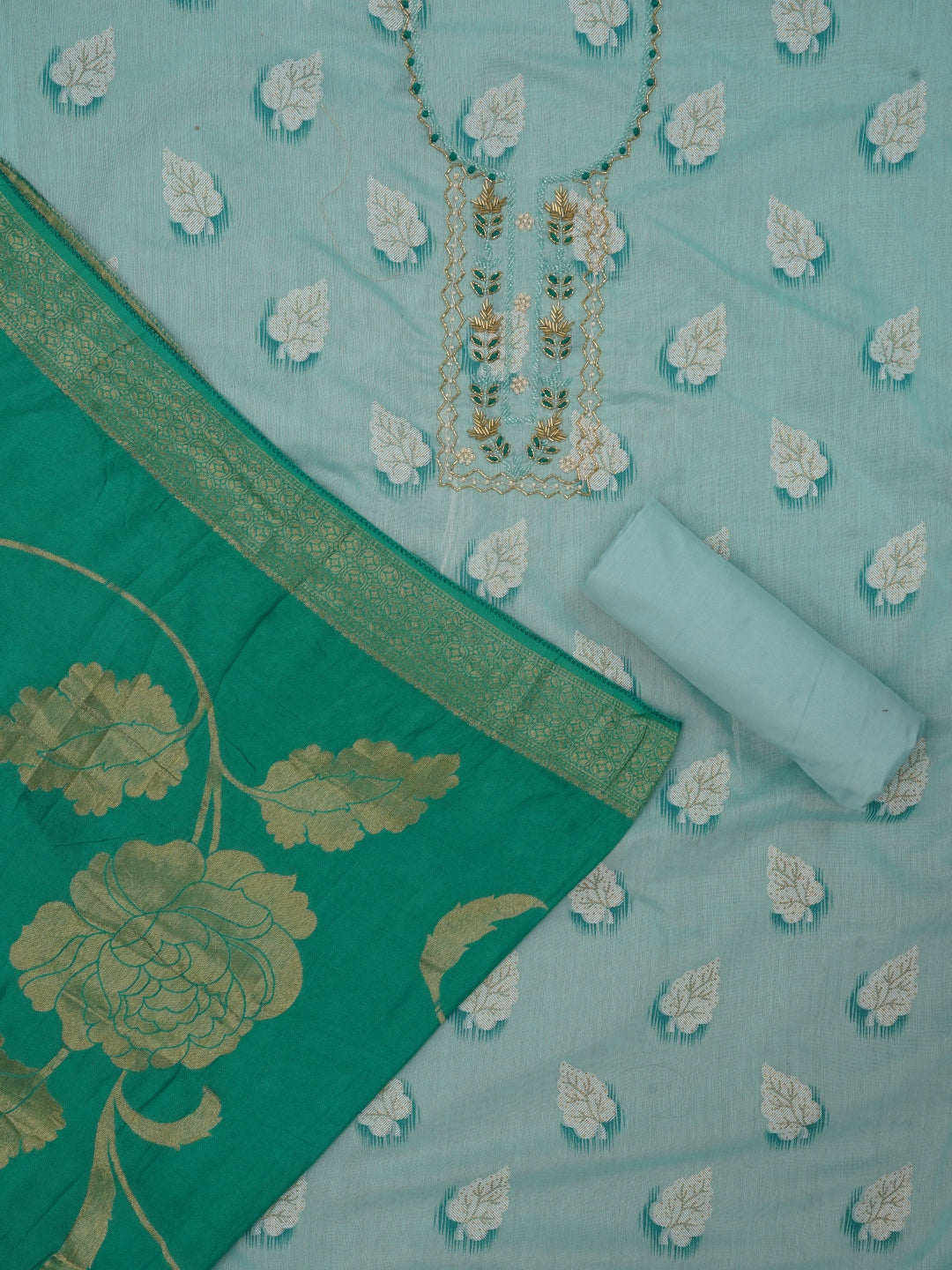 Sea Green Embellished Woven Design Cotton Dress Material with Dupatta