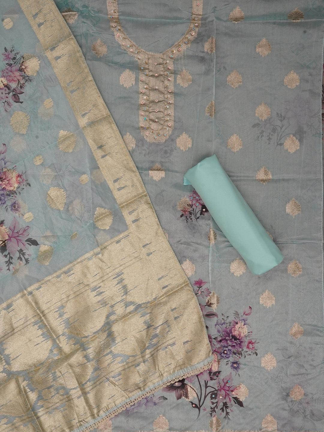 Sea Green Floral Printed Embellished Organza Dress Material with Dupatta