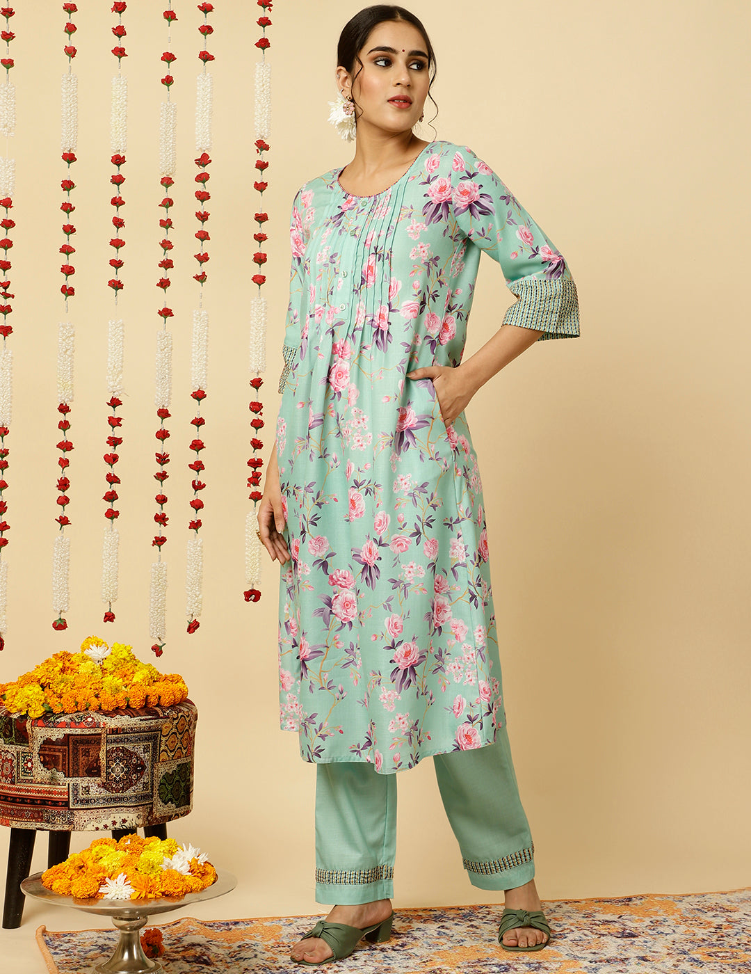 EMBROIDERED GREEN ROSE PRINT PLEATED PAKISTANI KURTA WITH PANTS AND DUPATTA