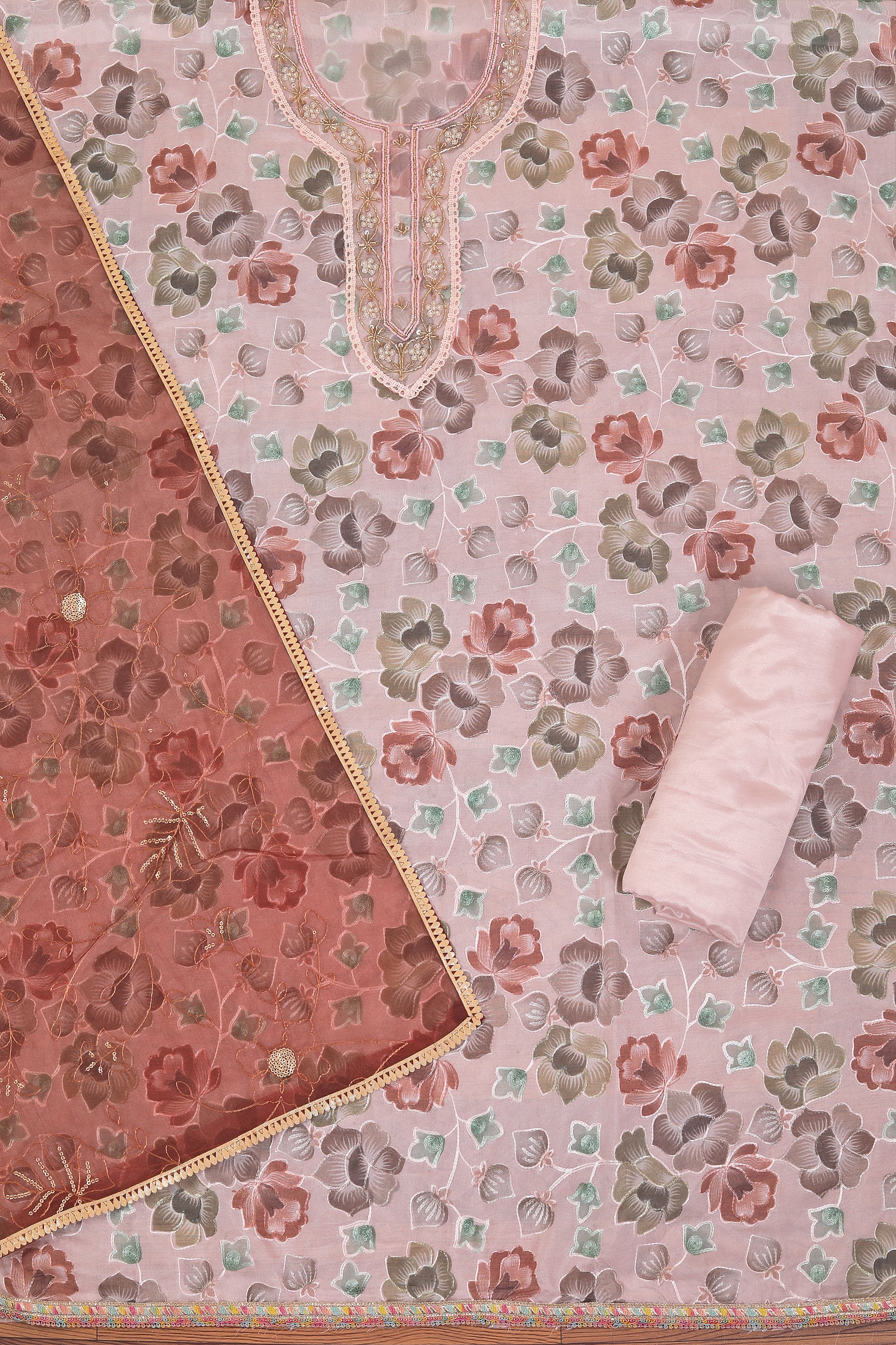 Brown Embellished Woven Design Organza Dress Material With Dupatta