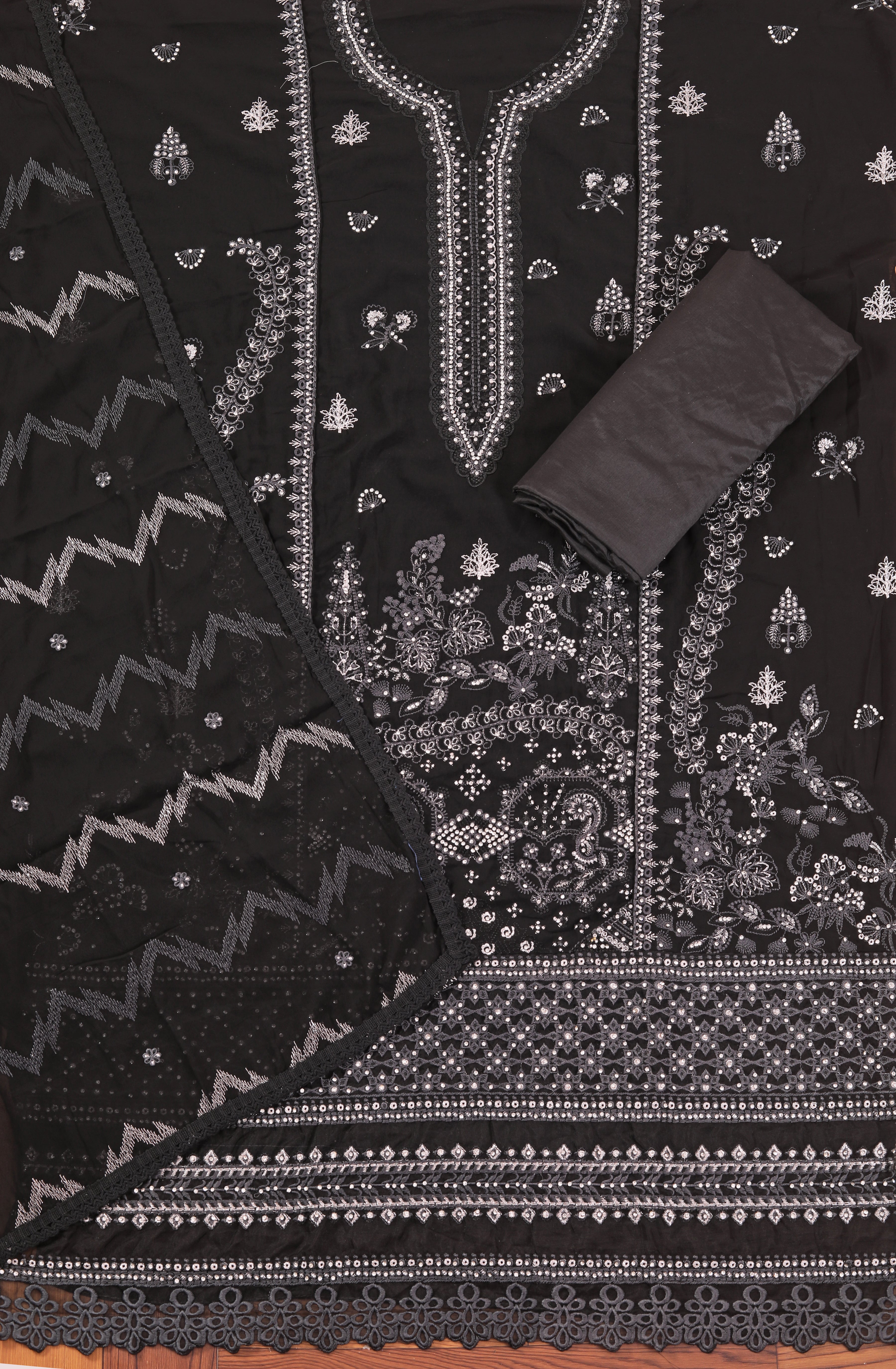 Black Heavy Embroidered Poly Georgette Dress Material with Dupatta