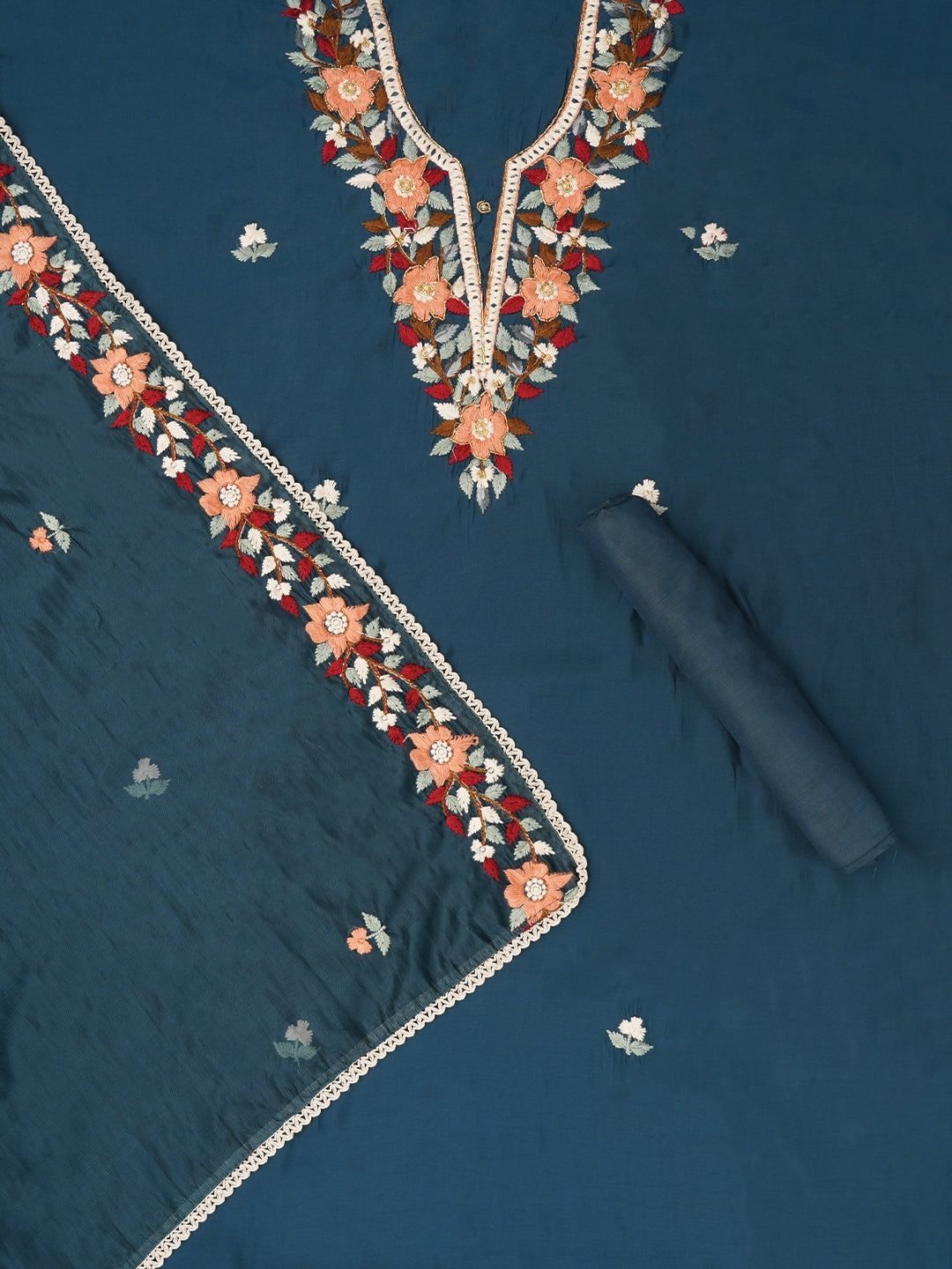 Teal Pure Silk Lucknowi Embroidered Dress Material with Dupatta