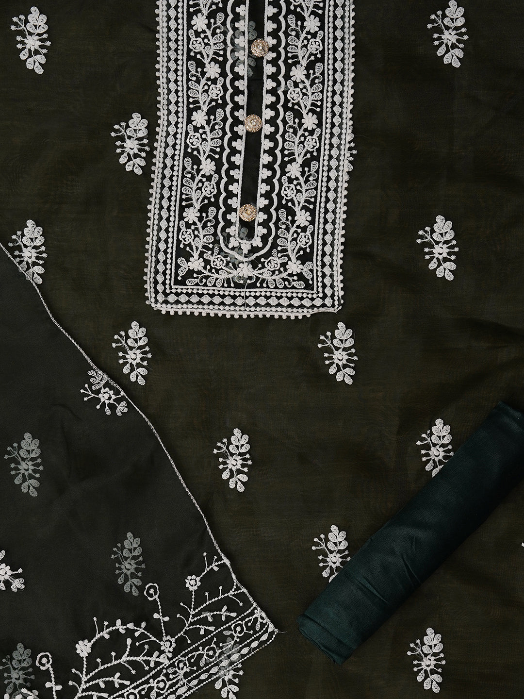 Unstitched Green Embroidered Organza Dress Material With Dupatta