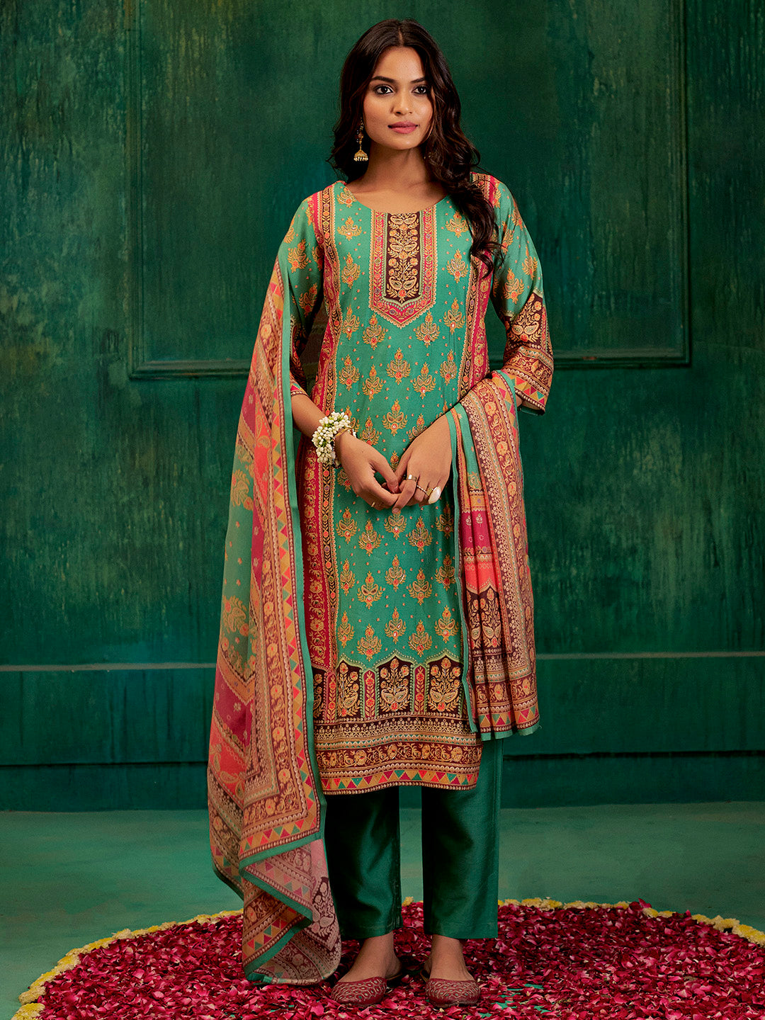 Sea Green Embellished Ethnic Printed Festive Kurta Set With Dupatta