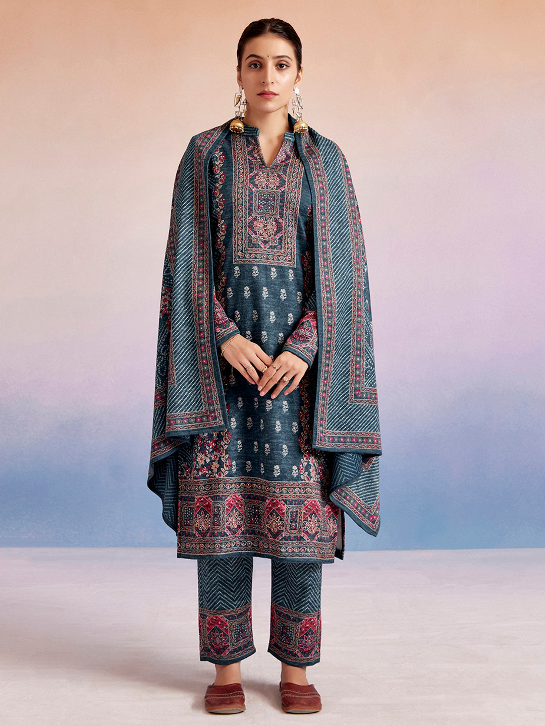 Sea Green Woolen Floral Printed Kurta Set With Dupatta