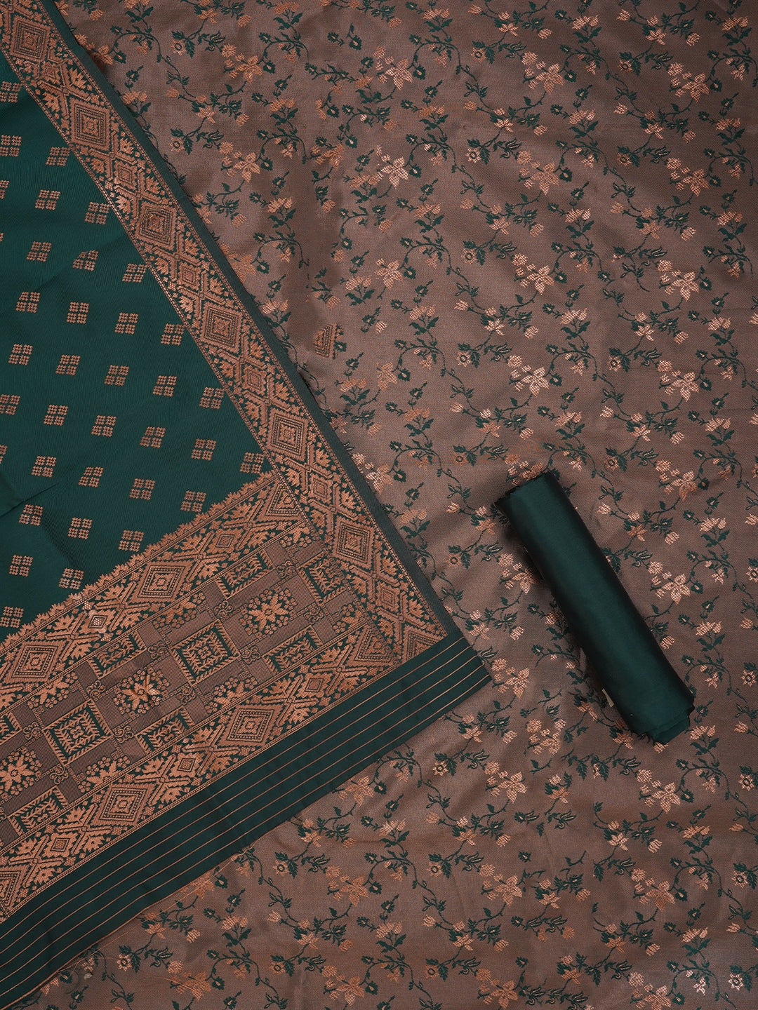 Mehandi Floral Silk Zari Woven Dress Material with Dupatta