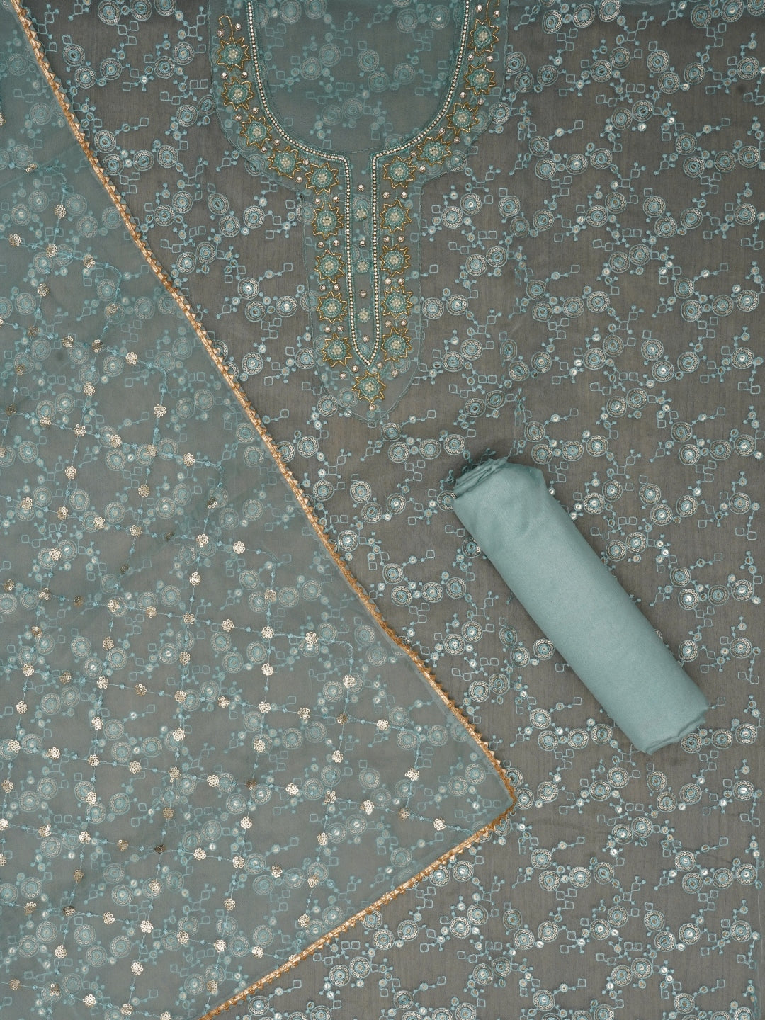 Sea Green Festive Embellished Organza Dress Material with Dupatta